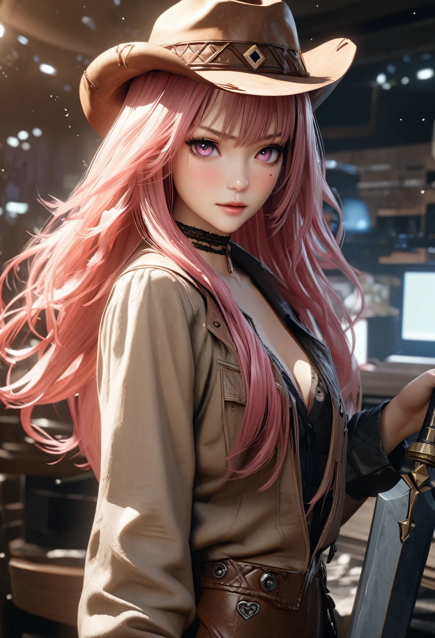 masterpiece,highest quality, Very detailed, High resolution, expensive resolution, High resolution, 4K, 8k, unity 8k wallpaper, Very detailed CG, masterpiece, Realistic, 2D, 3D, Beautiful details, depth, Fine texture , Super quality: 1.3, Fully focused, Crispy.skin, .he,
Very cute anime girl 、Cowboy Styleの衣装、Cowboy hat、Cowboy boots テキカン 荒野、Pink semi-long hair wearing expensive , One Girl、alone, Pink semi-long hair,  Cowboy Style、Cowboy hat、Long sword、duel、Cowboy boots、computer、disk、Mole under the eye, looking at the viewer , expensive , blush, Mole, Lips parted, hair ornaments, heart, Pink Eyes, choker