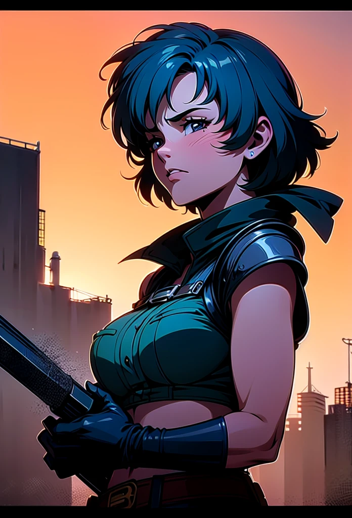 (best quality,4k,8k,highres,masterpiece:1.2),ultra-detailed,(realistic,photorealistic,photo-realistic:1.37),Ami Mizuno as a Mad Max survivor in the Westland,deserted post-apocalyptic world,dusty landscape,harsh sunlight,burning orange sky,gritty and distressed,ripped and tattered clothing,utility belt with survival tools,protective goggles covered with dust,Ami's bright blue hair flowing in the wind,determined and fierce expression,holding a modified high-tech weapon,scanning the horizon for danger,thick layers of dirt and grime on her face and hands,imposing scar across her cheek,distant ruins of a futuristic city in the background,Ami's transformation into a hardened warrior,blending her intelligence and strength,creating an iconic and empowering image,combining anime style with the gritty aesthetics of Mad Max.