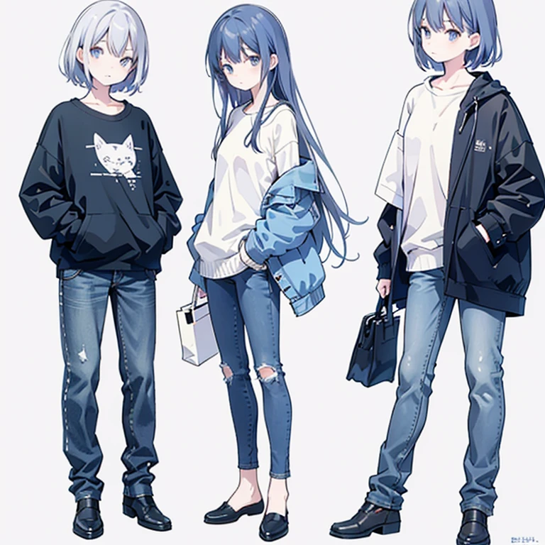 Wearing a sweater and jeans、Anime girl standing with hands in pockets, three sided viewfrom side,, no background,  flat chest,Full body illustration, Shortcuts, Full body portrait, anime Full body illustration, Casual pose, Full body photo, Casual clothing