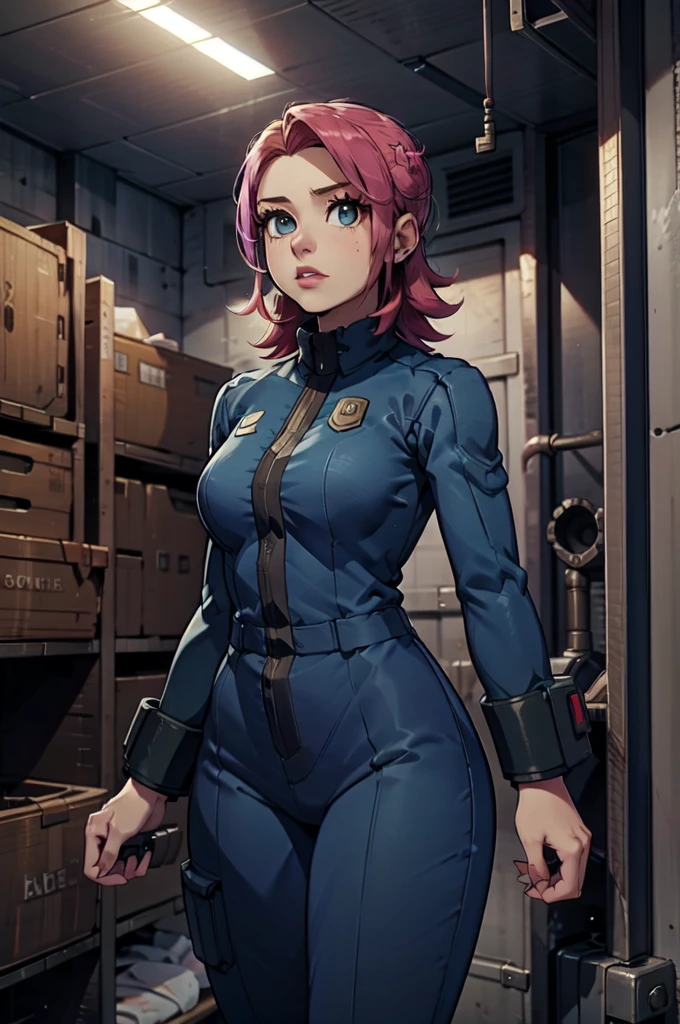 Mayl Sakurai reimagined as a vault dweller, doing maintenance in an underground vault. Her vibrant pink hair stands out against the dimly lit environment. She is a 26-year-old woman dressed in a vault dweller jumpsuit, indicative of her role in the post-apocalyptic world. The jumpsuit is worn but still functional, reflecting the harsh conditions of life underground. Her face is beautifully detailed, with expressive eyes that convey determination and intelligence. Her lips are also well-defined, adding to her overall allure.

In the vault, Mayl Sakurai is seen operating a pipboy, a wrist-worn device that serves as an essential tool and information hub for survival in the vault. The pipboy's screen emits a soft glow, illuminating Mayl's face and casting a subtle green hue on the surroundings. The details on the pipboy, from its buttons to its display, are extremely detailed, showcasing its futuristic design.

The underground vault is filled with mechanical equipment and pipes, emphasizing the importance of maintenance in this post-apocalyptic world. The atmosphere is gritty and industrial, with a hint of mystery and danger. The lighting is dim and has a hint of blue tones, enhancing the underground ambiance.

Despite the grim surroundings, Mayl Sakurai exudes confidence and strength as she jumps into action, ready to fulfill her duties as a vault dweller. Her posture and expression suggest that she is prepared to face any challenge that comes her way.

The image quality should be at its best, with 4K resolution and ultra-detailed rendering, capturing every intricate detail of the scene. The colors should be vivid, emphasizing the contrast between Mayl's vibrant pink hair and the dimly lit environment. The overall style should lean towards a post-apocalyptic concept art aesthetic, blending realism with a touch of fantasy.

In summary, the Stable Diffusion prompt for the provided theme would be:
Mayl Sakurai reimagined as a vault dweller, doing maintenance in an undergr