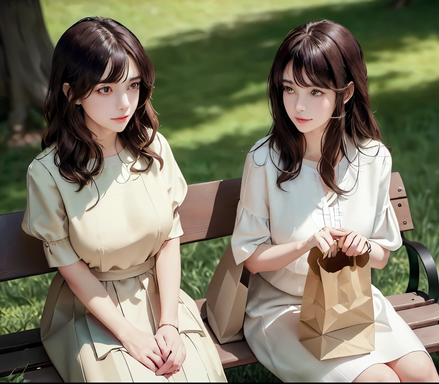 2lady, Sit on it (Bench end), (Office staff outfit) fashionable, Mature female, /(Brown hair/) Bangs, (Looking at the phone), (Masterpiece Best Quality:1.2) Exquisite illustrations with rich details, large breasts rest /(Black Hair/) Bangs, (Staring into the distance) rest ((Simple paper bag:1.2) Sitting in the middle of the bench) rest (Ordinary city park) outdoor, (green landscape), noon, Detailed background