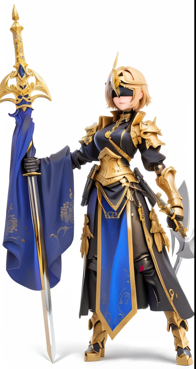 Black chrome, gold blindfold, sword in his left hand