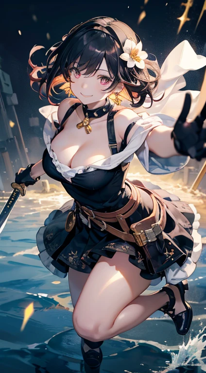 Anime style beutiful woman, 1girl,fullbody, happy, (with sparkling eyes and a contagious smile:1.2), red face, closed mouth, beautiful detailed eyes, super detailed skin, backlighting, bare shoulders, black background, black dress, black gloves, black hair, breasts, dress, earrings, fingerless gloves, floating hair, floral print, flower, gloves, gold earrings, gold hairband, hair flower, hair ornament, hairband, holding, holding weapon, jewelry, large breasts, long hair, looking at viewer, off-shoulder dress, off shoulder,red eyes, short hair with long locks, sidelocks, solo, spikes, thighs, two-sided dress, two-sided fabric, weapon, fighting stance , face, close up, from above, highest quality, high resolution,Real World, Natural light,perfect Natural light,looking at viewer,