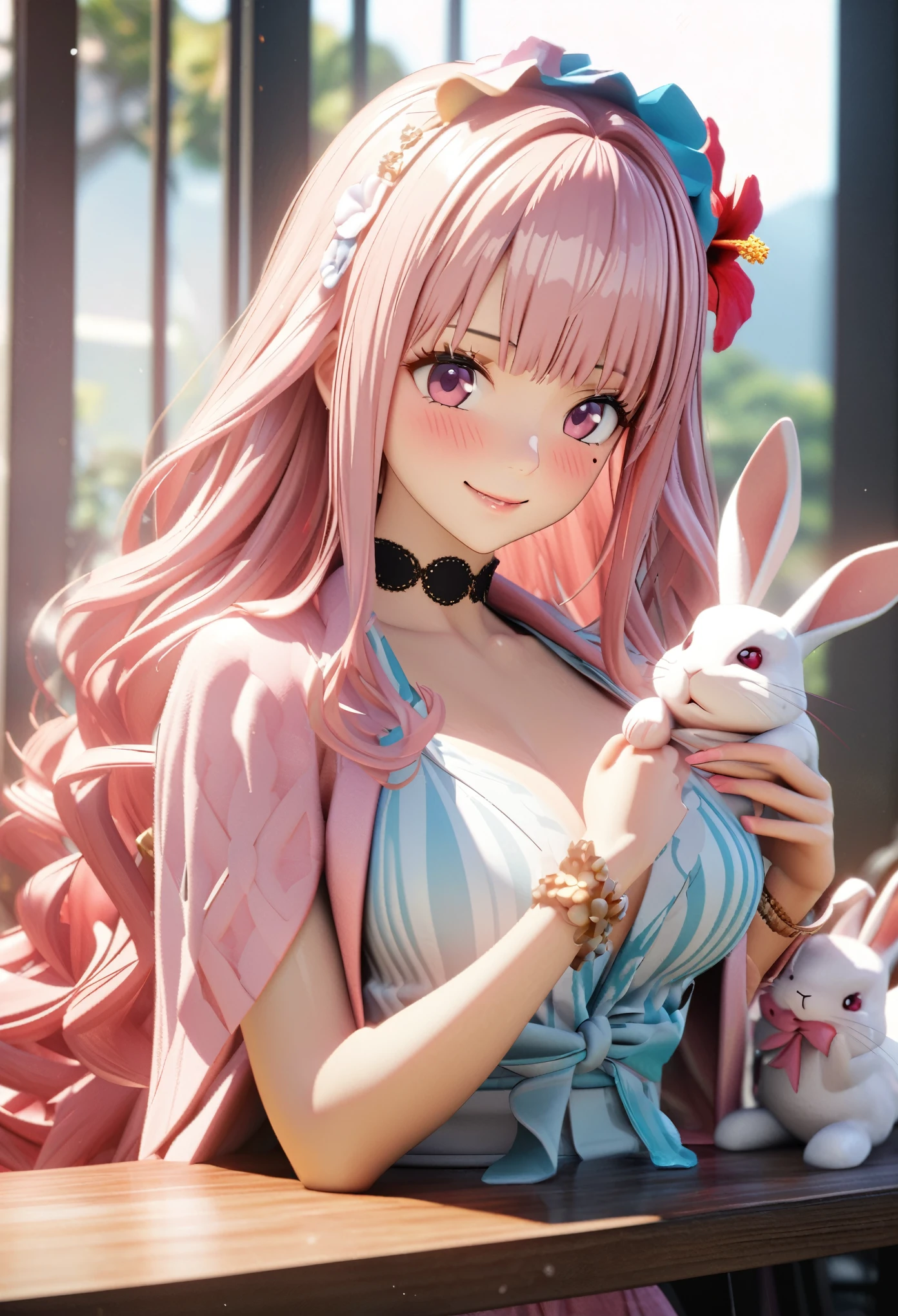 masterpiece, highest quality, Very detailed, High resolution, An expensive solution, High resolution, 4K, 8k, unity 8k wallpaper, Very detailed CG, masterpiece, 2D, 3D, Beautiful details, depth, Fine texture, highest quality: 1.3, Total concentration, Crisp skin, he, Very cute anime rabbit, A cute rabbit like an idol, expensive pink long hair, One Girl, Aloha One Piece, morning, morning食, hibiscus hair accessory, Smiling long pink hair, whole body, Mole under the eye, Line Sight, expensive, blush, Lips parted, heart, Pink Eyes, choker