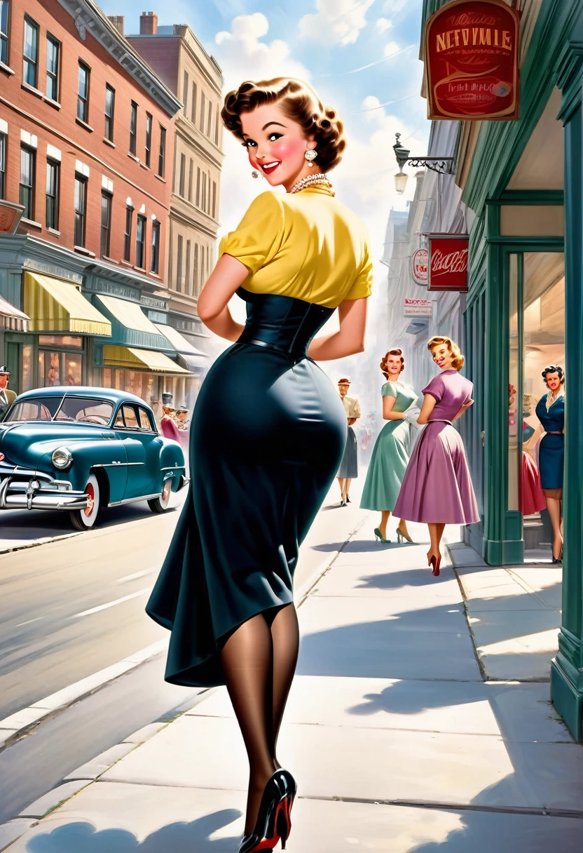 In a lively street scene from the 1950s, a stunning woman is crossing the street, (((wearing a knee-length skirt))) that accentuates her curves, and a form-fitting blouse that highlights her ample bosom, supported by a bullet bra, (((The seams of her alluring stockings draw attention))) as she smiles over her shoulder in response to a whistle from behind. The woman embodies a classic pin-up figure, with a dazzling smile and confident demeanor. Her hair is perfectly styled, complemented by matching accessories like earrings and a necklace. As she crosses the street, her skirt lifts slightly in the breeze, further accentuating her feminine contours. In the background of the street scene, additional pedestrians and classic cars contribute to the ambiance of the 1950s. The scene exudes charm and elegance, with the woman confidently and coquettishly displaying her beauty. This image captures the timeless glamour and flirtatious atmosphere of the 1950s. The scene evokes a nostalgic mood, perfectly encapsulating the beauty and dynamics of the era. The viewer is transported to a bygone era of style and elegance, with the woman's seductive allure taking center stage, from behind, wideankle shot, (view from behind:1.5),(whole person:1.5), vintage_p_style, tan nylons

