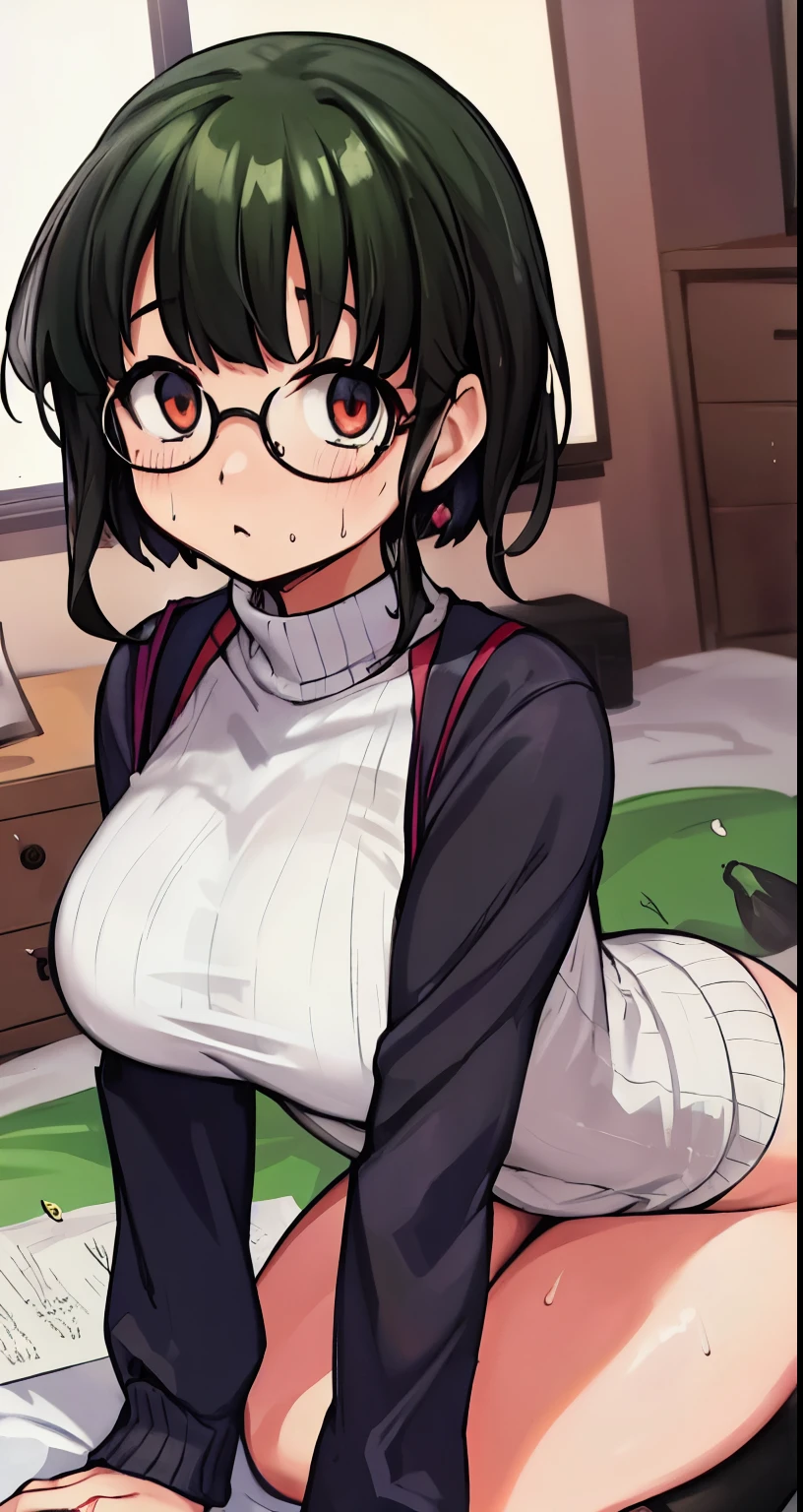 highest quality,(8K Portrait),(Official Art)、obesity、((short hair))、blush,((isark hair)),(Sweat),Black knee socks、One Woman,((:is))、hot、Office Room、Glasses、Thick thighs, Such an ass, Liar, Open crotch, Dettol, Down the Out、(Dynamic pose)、isらしない身体、Dynamic Angles、Turning around、High neck sweater、On all fours