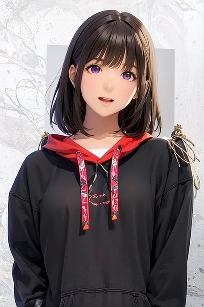 High resolution,In 8K,highest quality,detailed,Semi-realistic anime,Anime 3D Style,Smooth anime CG,One Girl,19-year-old woman in Japan,slim,Modeled,Shiny brown hair,Medium Hair,detailedな顔,Beautiful and detailed,Glowing Skin,Wear a black hoodie with a red collar,straggling hair,Angelic hairstyle,((Deep purple glowing eyes)),(Small breasts),((Observe the audience)),((Open your mouth)),((Laughter))