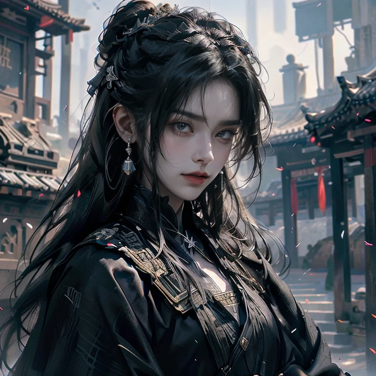 Game art，The best picture quality，Highest resolution，8K，(A bust photograph)，(Portrait from bust:1.5)，(Head close-up)，(Rule of thirds)，Unreal Engine 5 rendering works， (The Girl of the Future)，(Female Warrior)， 
20-year-old girl，(The warrior in ancient China)，An eye rich in detail，purple irises，Elegant and noble，indifferent，(Brave)，
(The costume of Chinese swordsman elements，Costumes of ancient Chinese characters，A random pattern of clothing，Ribbon，Joint Armor，Rich dress details，)Chinese Characters，Fantasy style，
Photo poses，Field background，Movie lights，Ray tracing，Game CG，((3D Unreal Engine))，oc rendering reflection pattern