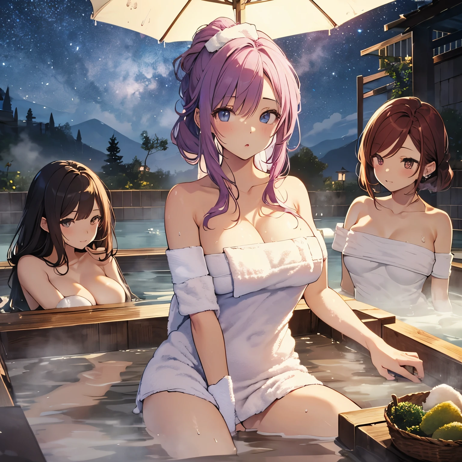 nsfw,A group of women set in a medieval fantasy world、Dragon Quest、 (At the hot spring:1.5), Mr..々Hairstyle, Harem, night, detailed aspects, Seduce, ((See-through towel:1.5))、Huge breasts、Big Ass、Wide waist、Nipples are erect、