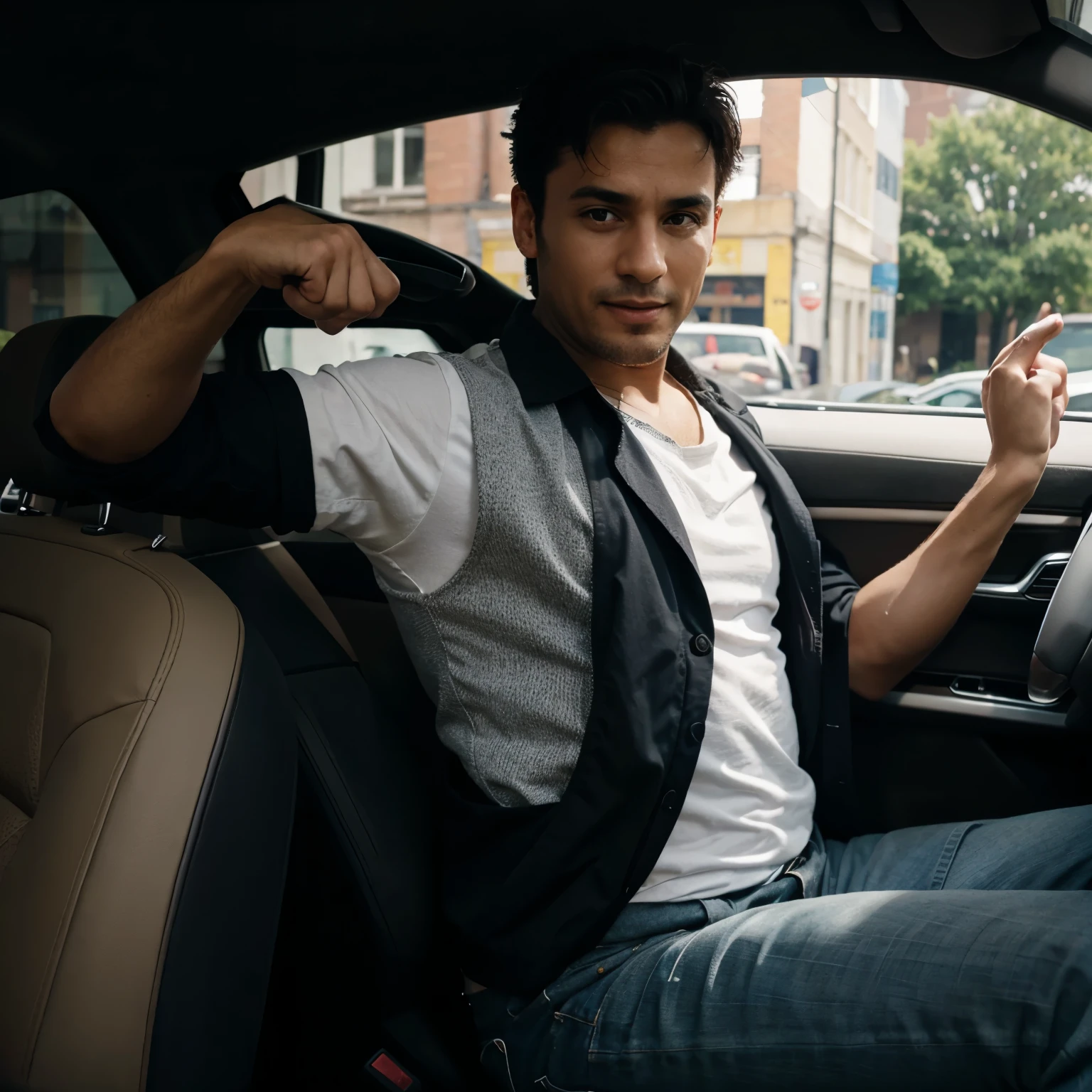 A man dancing in a car