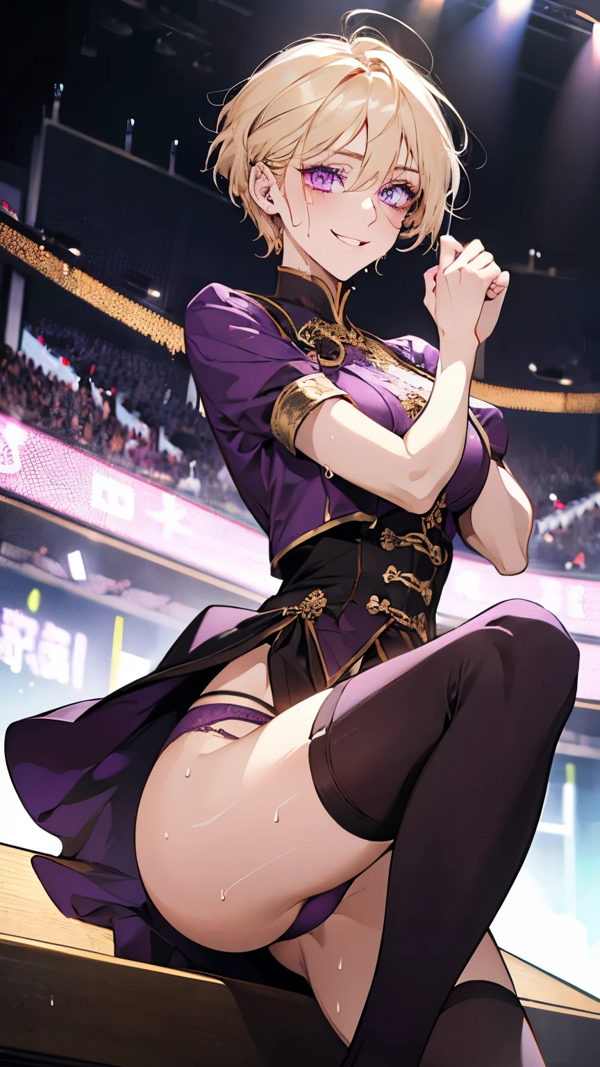 highest quality、Detailed Description. Woman 1,22 years old,Perfect double eyes,Perfect limbs、Accurate anatomy、Detailed Description,Super Beauty,Slender beauty、short hair、Blonde,Golden eyebrows、Purple Eyes,Pink Cheeks,Beautiful Skin,White and dark purple idol costume、Dark purple panties、Black knee-high socks、Beautiful big breasts、Exposed thighs,sing、Dancing、((Big smile:1.2)),((Sweat:1.2)). Live Stage,The pink spotlight shines on her.