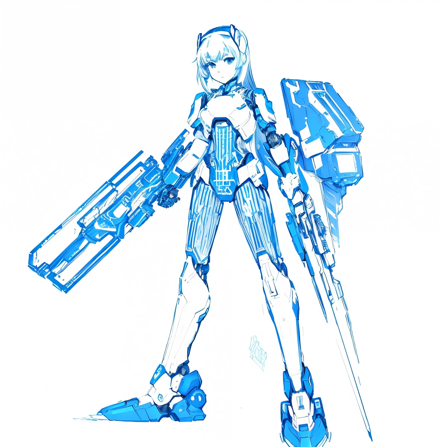 A painting of a woman in a blue dress holding a gun, girl in mecha cyber armor, completely robot!! girl, Female Mecha, mechanized valkyrie girl, Full body concept, Gainax Anime Style, Sketchy art style, ( ( Character Concept Art ) ), Anime Manga Robot!! anime girl, cyborg merchant girl 水着 Background blue sky Naughty