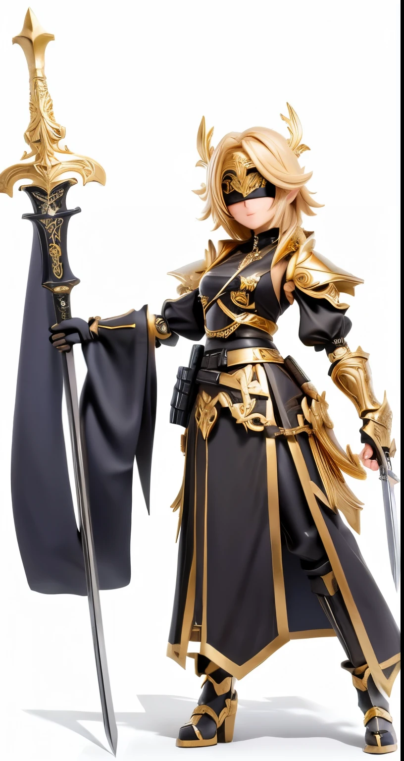 Black chrome, gold blindfold, sword in his left hand