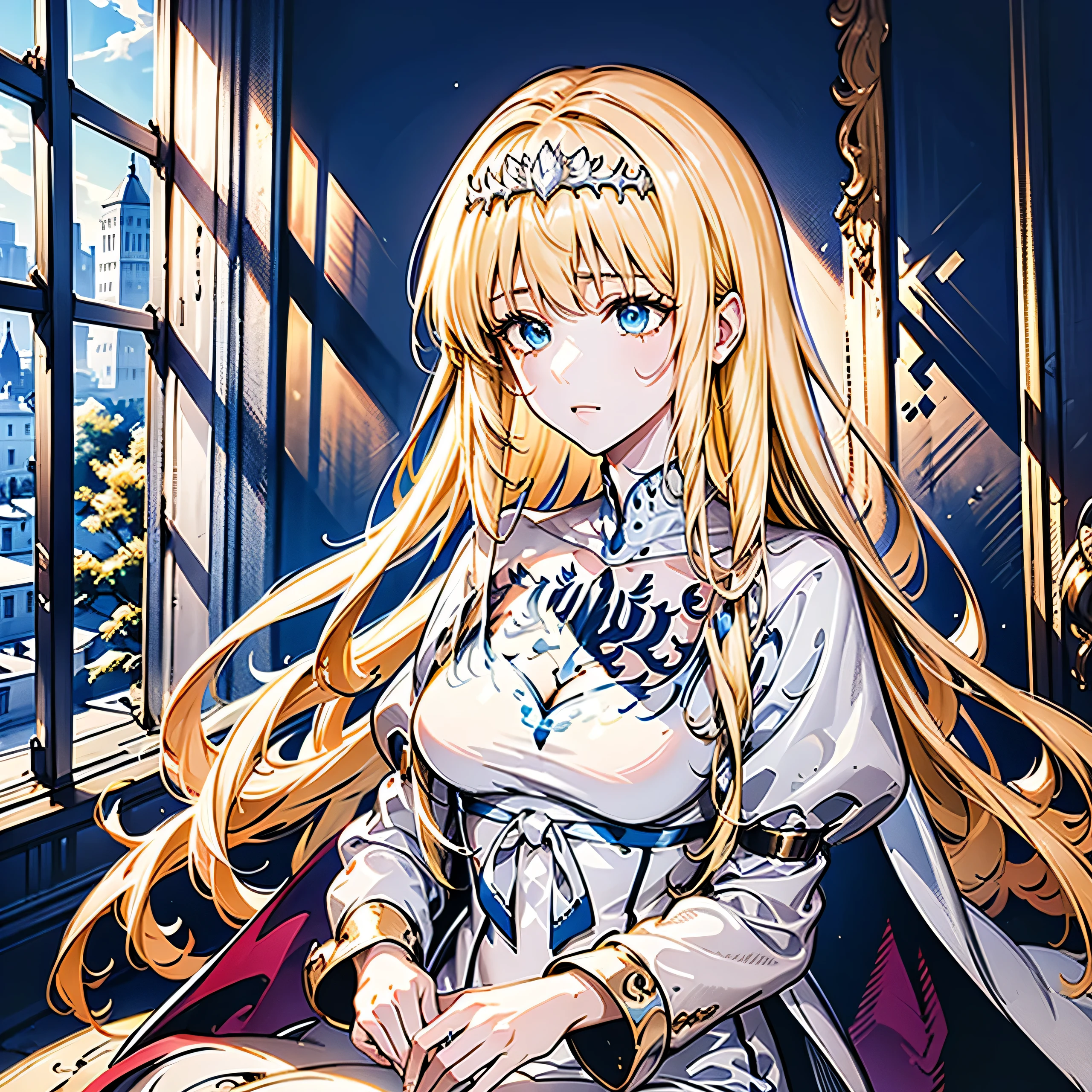 (absurd, high resolution), a woman, mature, beautiful, tall, , exquisite, blonde hair, , painful, (sad), sad, in the palace, brilliant, magical,1girl, solo, Calca, Calca Bessarez, blonde hair, extremely long hair, very long hair, white tiara, silver tiara, white dress, , medium chest, blue eyes