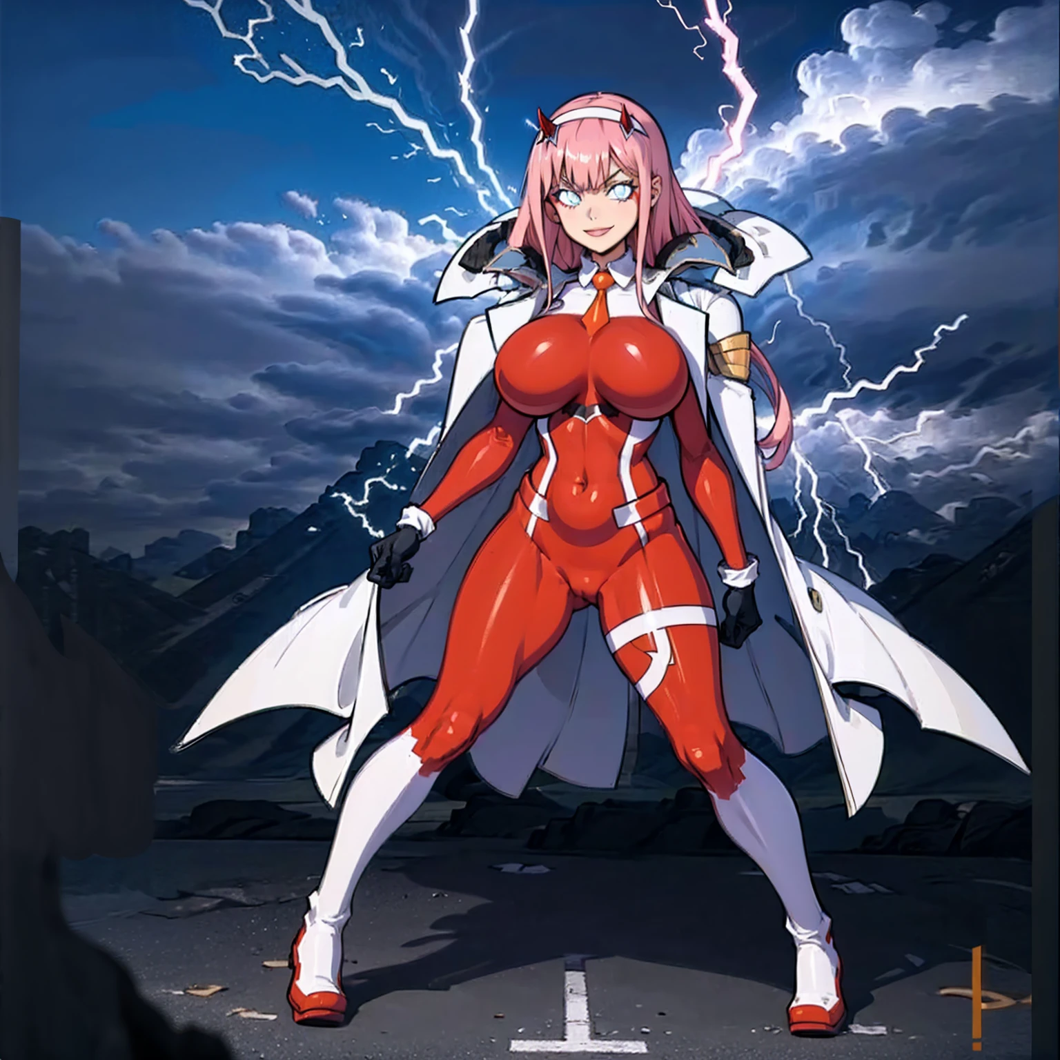 masterpiece, best quality, IncrsLowTier, electricity, glowing eyes zerotwo horns, hairband, necktie, red dress, pantyhose horns, hairband, red bodysuit, armlet, mecha horns, hairband, white bodysuit, white gloves, cap, red dress, white gloves, jacket on shoulders, pantyhose, cyber_armor body_suit,huge_breast, tall female, fulll body, sun light, smile,, sun aura,, boots, standing, smile, lips, red lips,,,{best quality}, {amazing quality} {best quality},{amazing quality},, {absurdres},{{highres}}, {very aesthetic}, {detailed}, curvy, tall, huge breast, character focus, white background,full-length portrait,, huge hips, huge muscles, huge thighs, curvaceous, venus figure,full body, full portrait