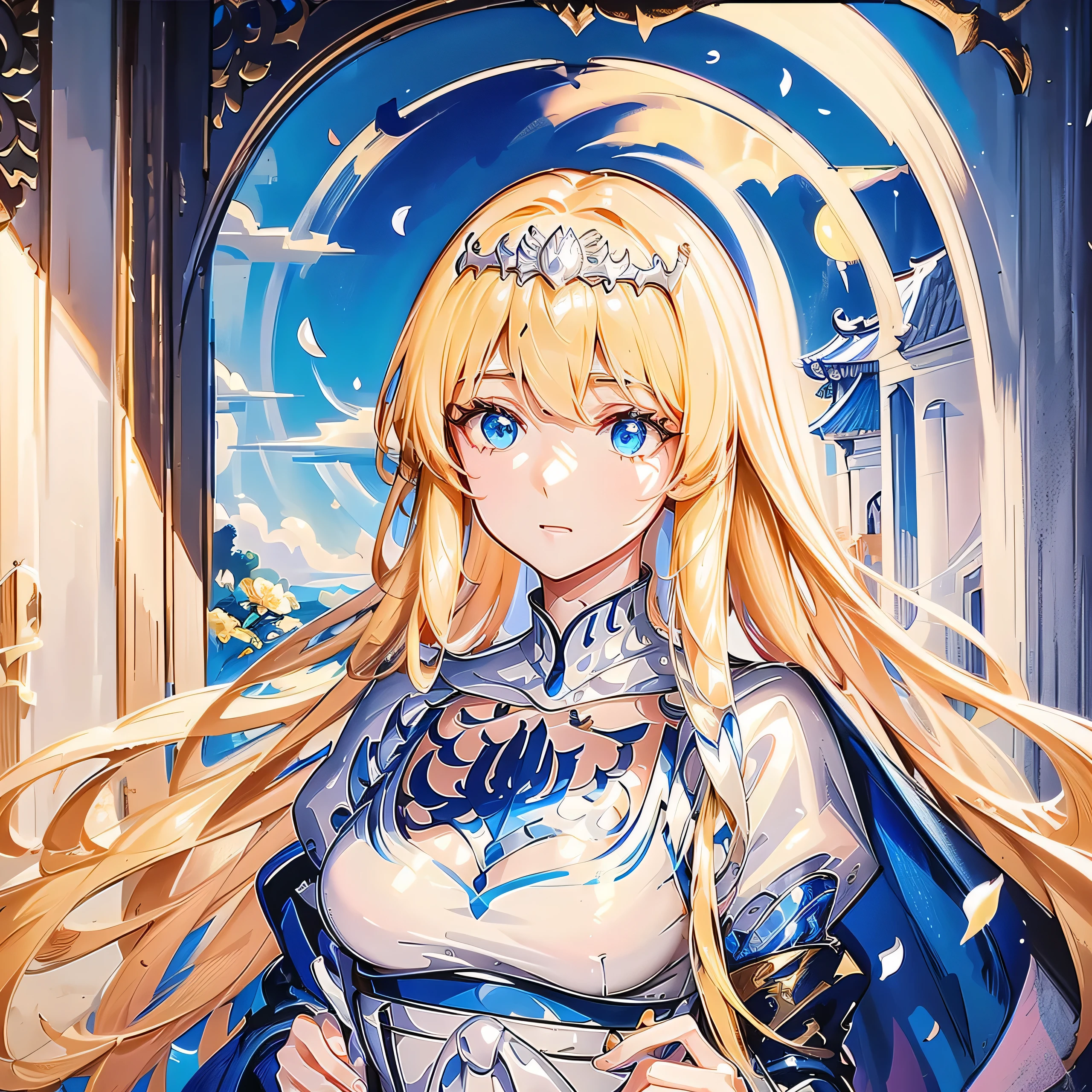 Mature girl, , , flowing hair, delicate and flexible eyes, , FOV, f/1.8, masterpiece, ancient Chinese style architecture, sky blue, flower petals flying, front portrait photo, Chang'e, side lighting, sunlight on people, 8K, 1girl, solo, Calca, Calca Bessarez, blonde hair, extremely long hair, very long hair, white tiara, white dress, blue eyes, medium chest