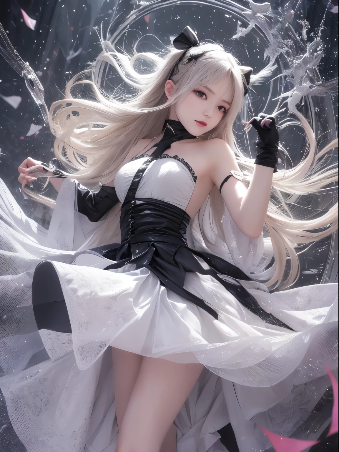 ((alone、woman wearing a white long dress、Graceful dancing woman:1.4、Detailed face、Bright expression、Younger, brighter, whiter skin、Best Looks、The ultimate beauty、Silver hair with dazzling highlights、Shiny bright hair,、Super long, silky straight hair、髪がWindで踊る))(night、Wind、素晴らしい美しい自然のWind景、幻想的なWind景、Particles of light、White Dust、Dust flutters)（x hair ornament, hair ribbon, choker, harness, black skirt, black dress, detached sleeves, black sleeves, platform boots)