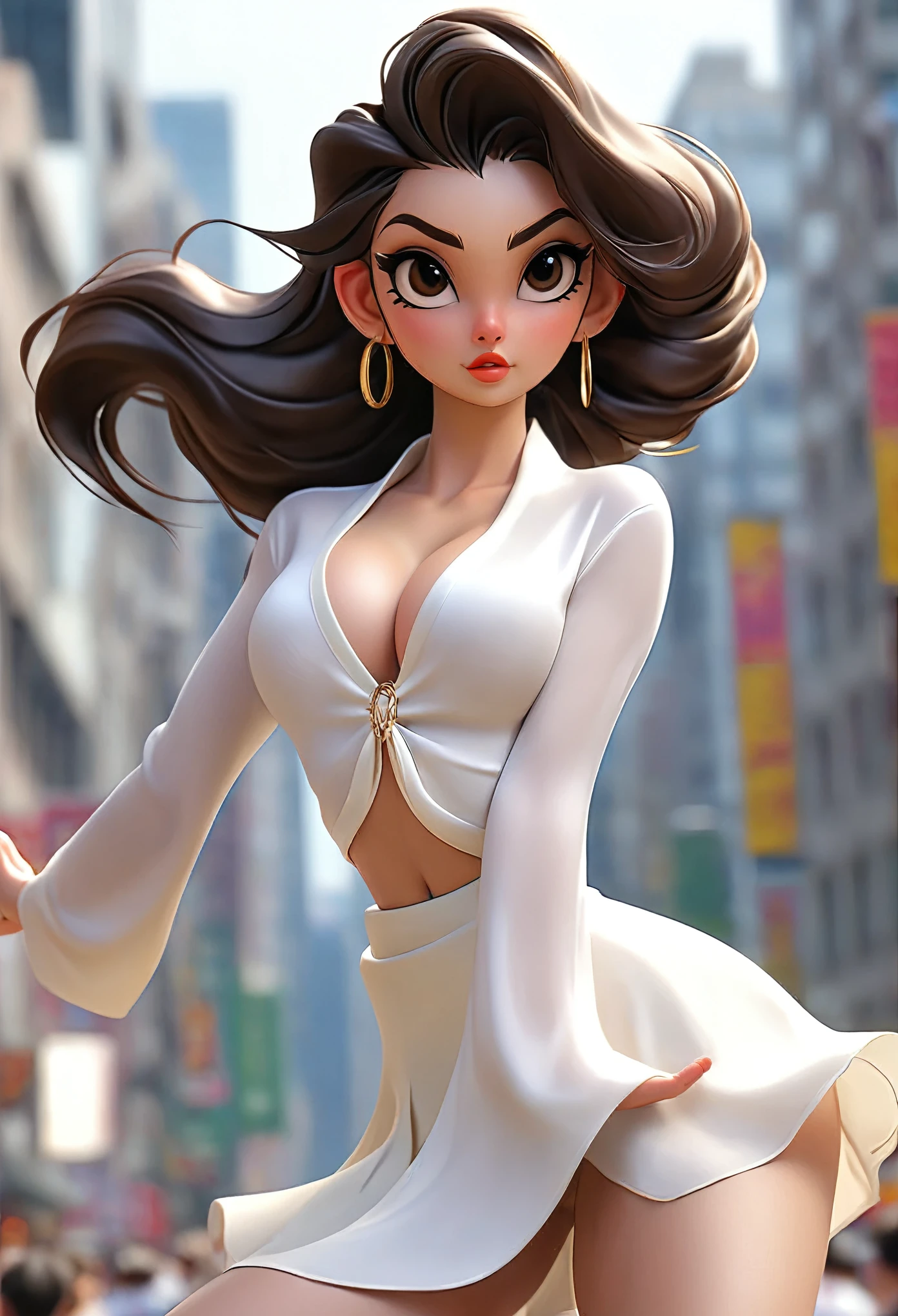 ((21 year old a very cute girl is doing high kick , and wearing a white silk extreme micro string, a loincloth of white silk string at crowded 5th Avenue Boulevard)), ((wearing a white silk plunging open shirt: 1.5)), (((Huge breasts :1.4, and droopy breasts:1.5))), (8k, RAW photos, highest quality,