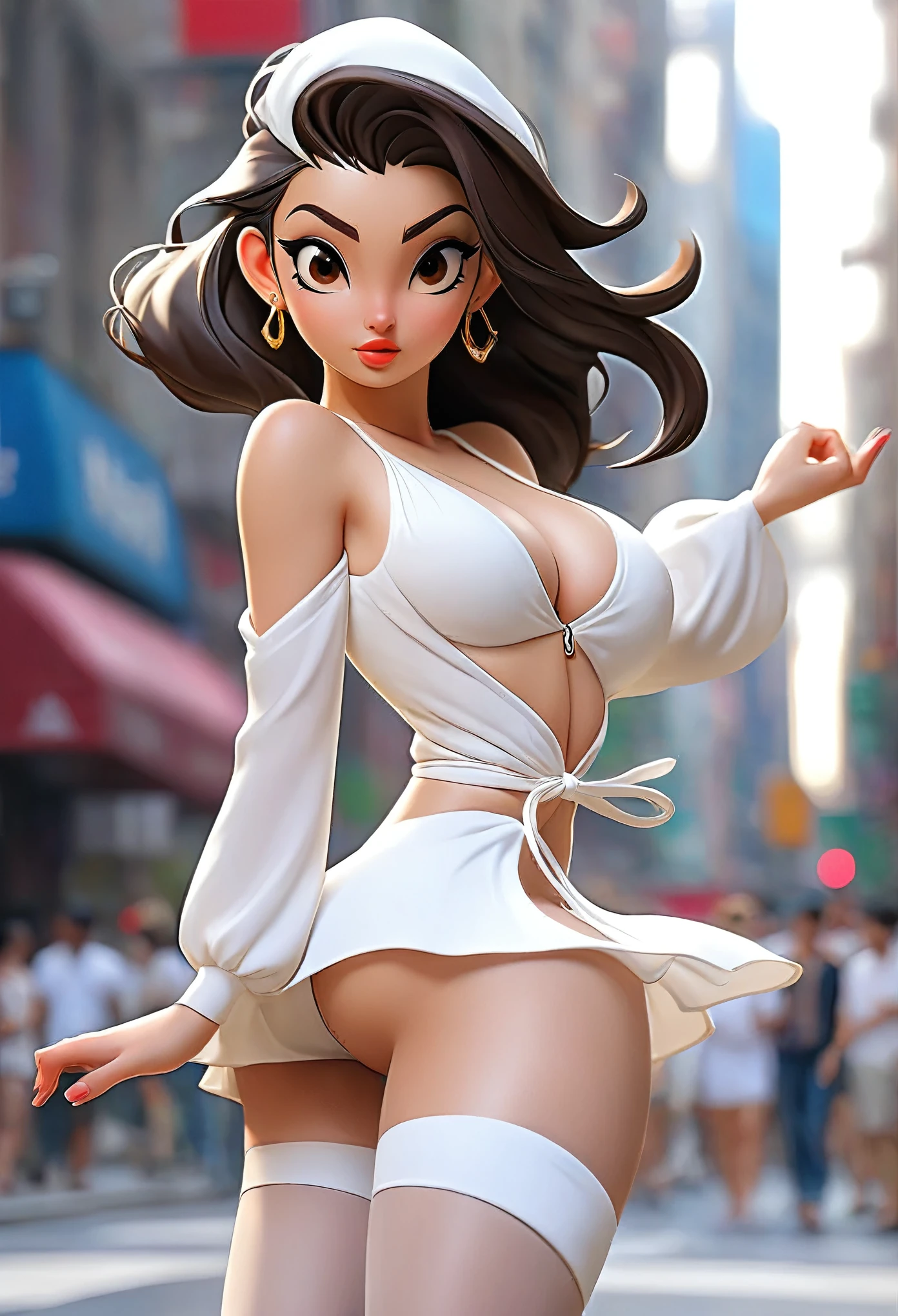 ((21 year old a very cute girl is doing high kick , and wearing a white silk extreme micro string, a loincloth of white silk string at crowded 5th Avenue Boulevard)), ((wearing a white silk plunging open shirt: 1.5)), (((Huge breasts :1.4, and droopy breasts:1.5))), (8k, RAW photos, highest quality,