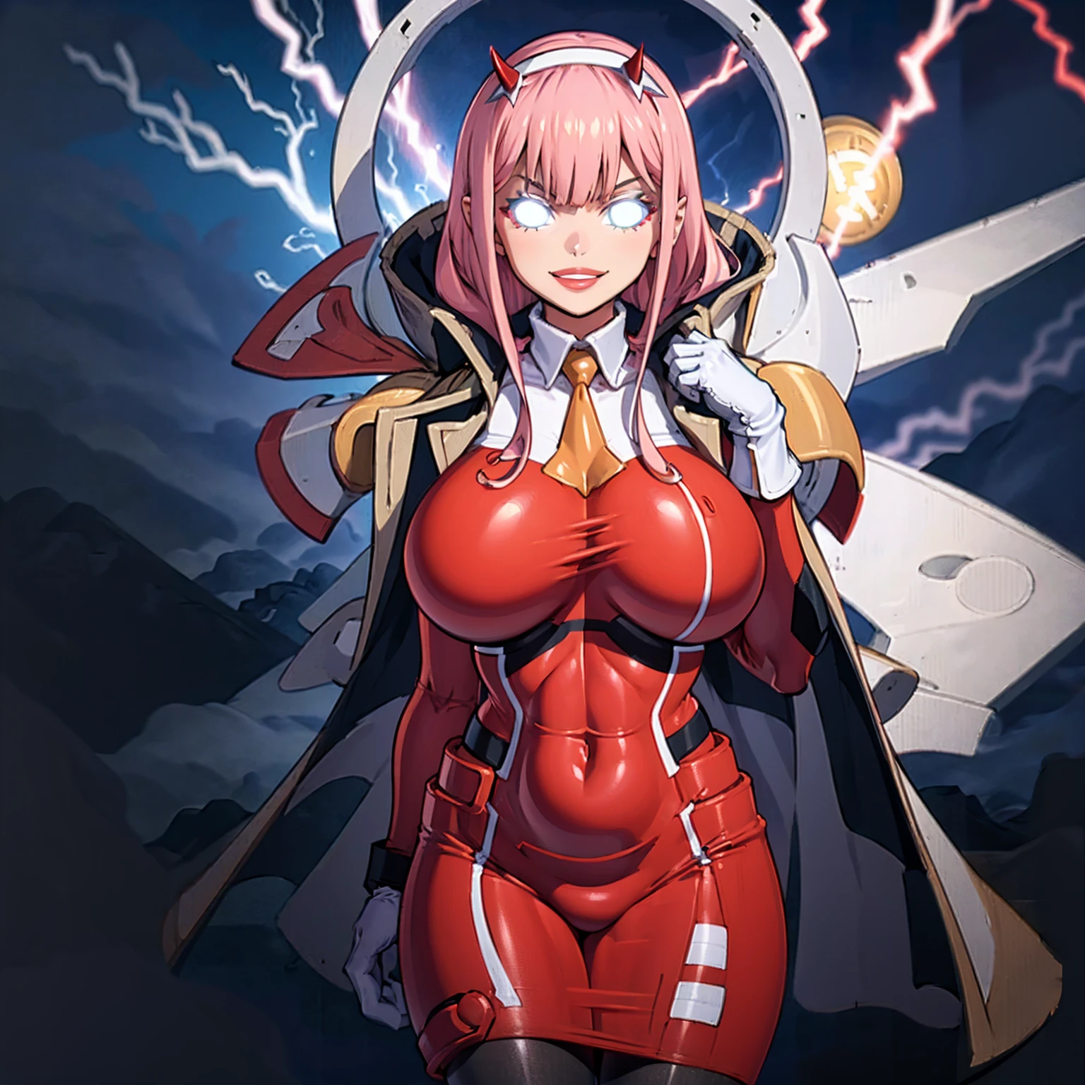 masterpiece, best quality, IncrsLowTier, electricity, glowing eyes zerotwo horns, hairband, necktie, red dress, pantyhose horns, hairband, red bodysuit, armlet, mecha horns, hairband, white bodysuit, white gloves, cap, red dress, white gloves, jacket on shoulders, pantyhose, cyber_armor body_suit,huge_breast, tall female, fulll body, sun light, smile,, sun aura,, boots, standing, smile, lips, red lips,,,{best quality}, {amazing quality} {best quality},{amazing quality},, {absurdres},{{highres}}, {very aesthetic}, {detailed}, curvy, tall, huge breast, character focus, white background,full-length portrait,, huge hips, huge muscles, huge thighs, curvaceous, venus figure,full body, full portrait