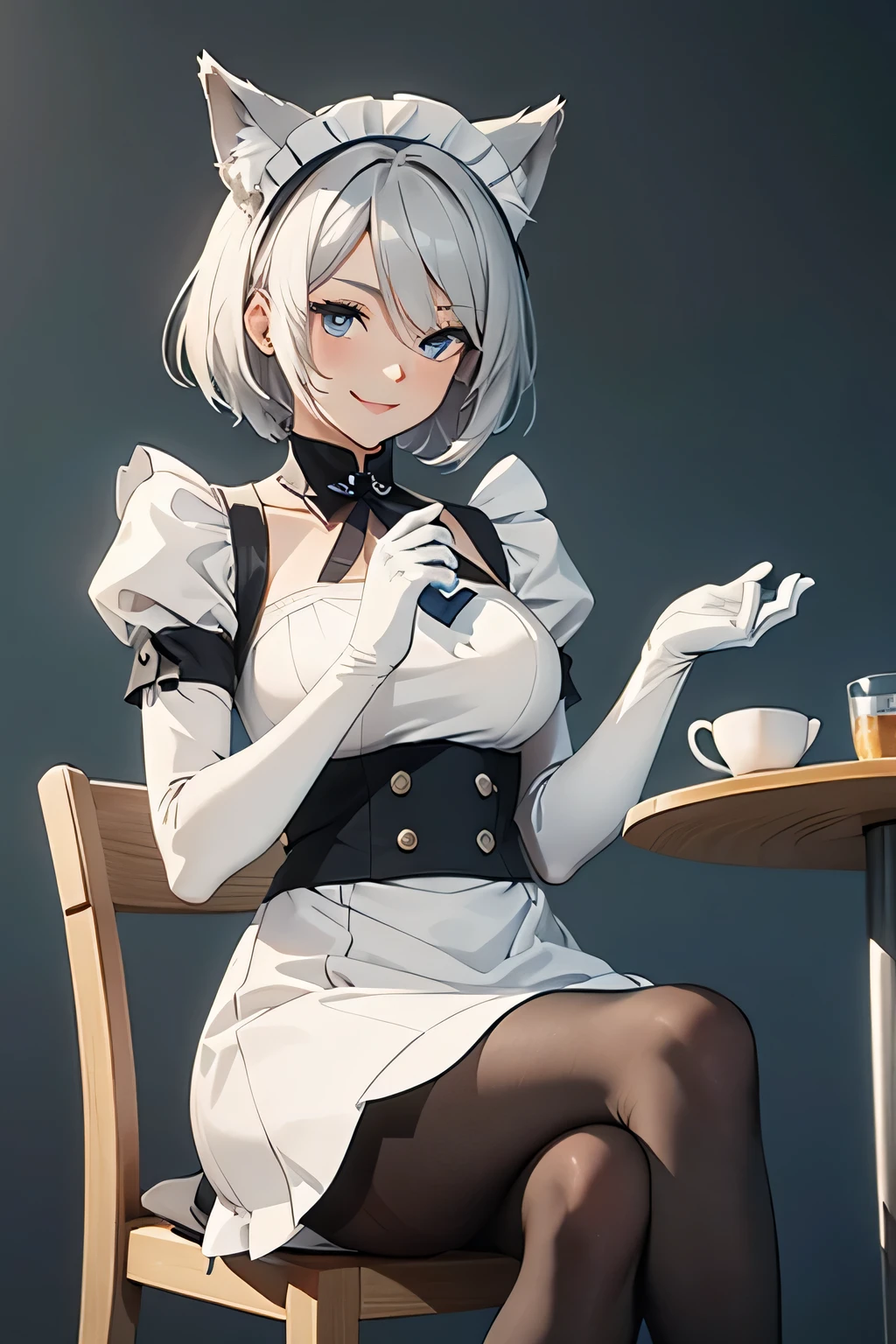 Tabletop Best image quality wonderful Attention to detail One Young Woman((Adult))Anime Style White maid outfit(No sleeve) mini skirt snow-white gloves(Elbow Gloves) White Pantyhose(Plain) Wolf Ears short hair((Shortcuts)(Gray Hair)(Curly Hair)(fluffy)) smile(Happy) Eye color is blue background(Cafe) Long legs Sit on a chair View from below