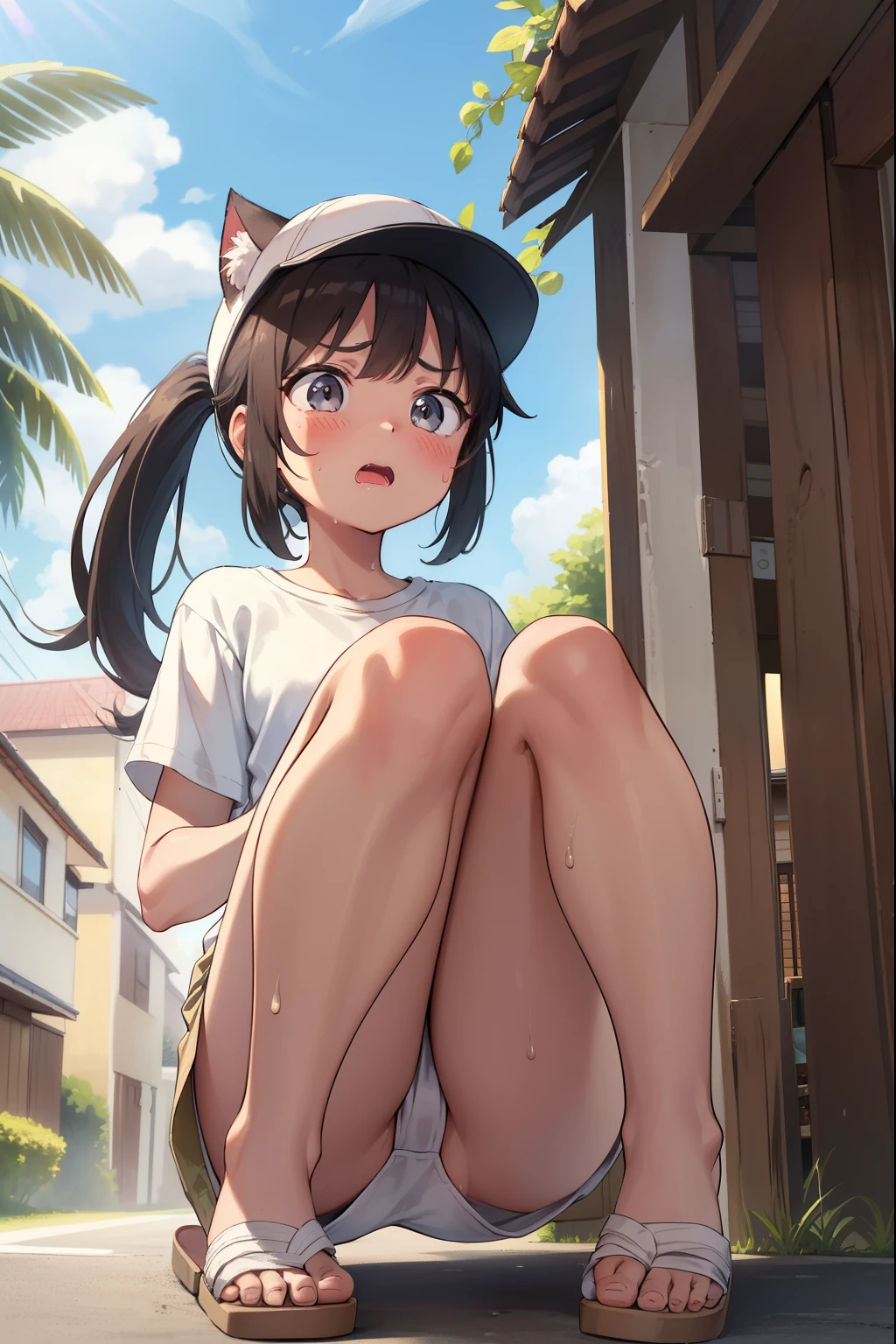 Residential Street,Are standing,1 ,ponytail,Black Hair,blush,White T-shirt,Olive green shorts,Brown Sandals,White skin,summer,White cap,From below,Cat Hand Pose,Tempered,Surprised,shy,Sweat,Open your mouth,Troubled face,cry,saliva,