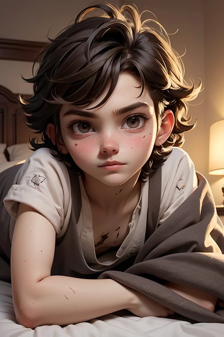 (masterpiece, best quality), 1 boy, Dark brown messy hair,underwear.,Lie on your stomach in bed,Face on the quilt,, only, Looking at the camera intoxicated,Eyes are confused,whole body,