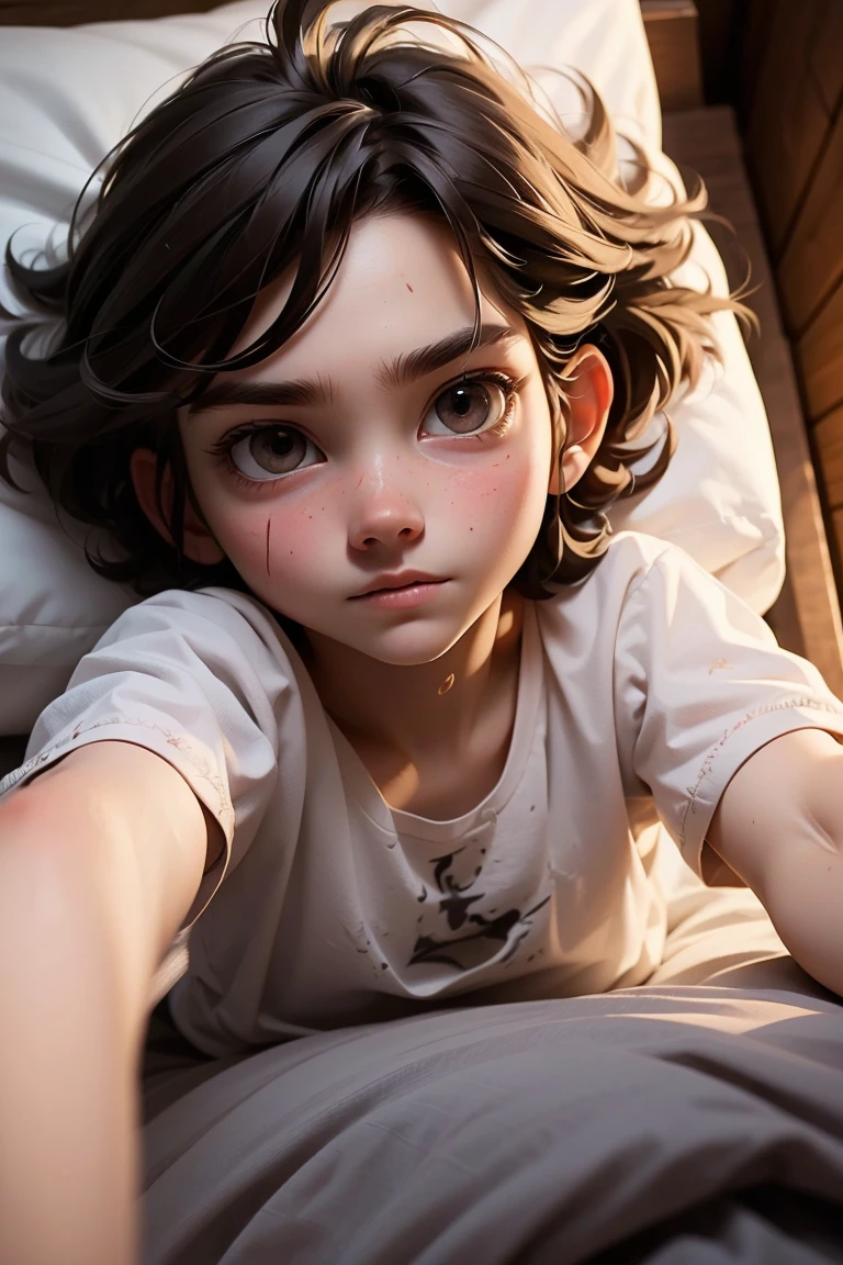 (masterpiece, best quality), 1 boy, Dark brown messy hair,Short shirt. 和亚麻面料中长款宽松Short shirt,Lie on your stomach in bed,Face on the quilt,Short skirt, only,Looking at the camera intoxicated,Eyes are confused,whole body,