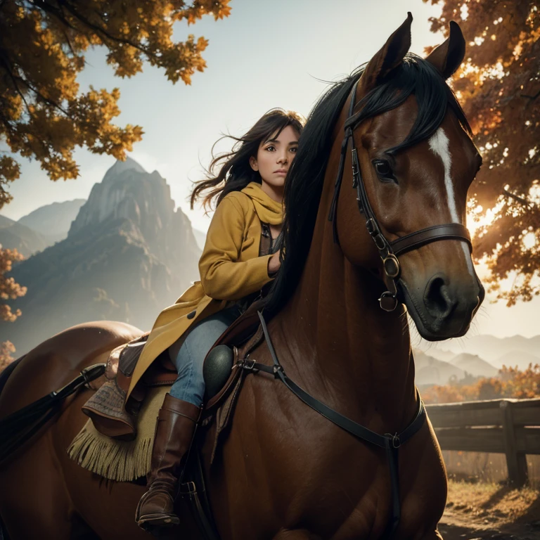 Selective Focus,behind shot, ((action scene)) Cowgirl ,Curtained hair, rides a horse,drives into big city, many people,autumn trees,after the rain,haze, mountains in the distance,red/yellow/green colors,Majestic, RAW photo, Focus Stacking,high quality,dense light,hard shadows, film grain,hdr,god rays,light caustic effect,Chiaroscuro, pinhole.