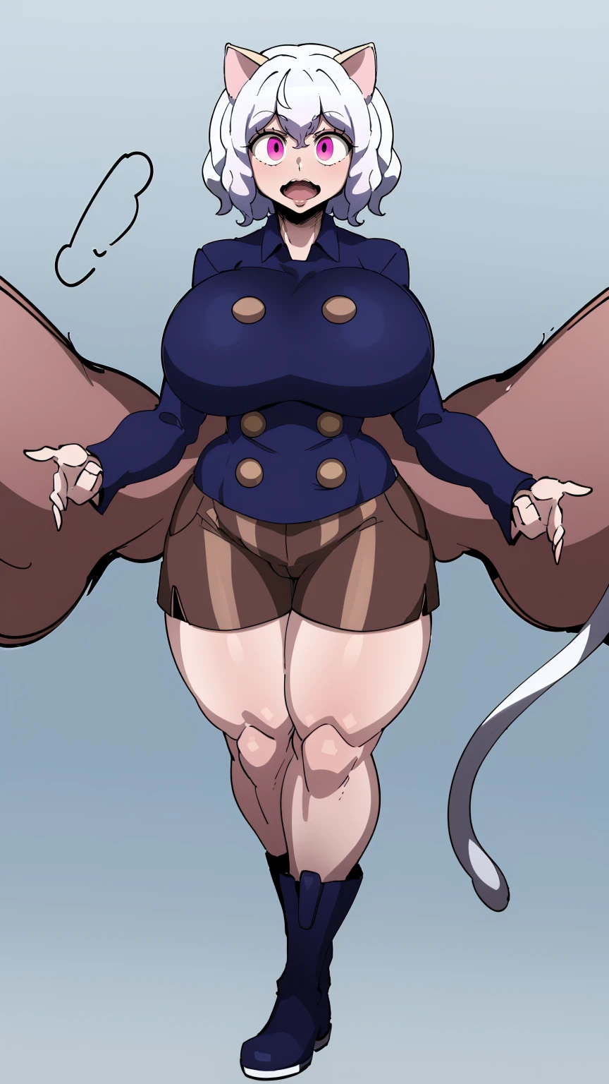 solo,open mouth,fangs,smile, Neferpitou,1girl,red eyes,cat ears, blue jacket,double-breasted, (nature:1.2),stading, full body, boots, huge breast, curvy, tall female,refsheet, cat tails,Neferpitou,1girl,red eyes,cat ears, blue jacket,double-breasted, (brown shorts:1.2),striped, brown socks,blue footwear, doll joints,(nature:1.2),solo,combat stance,lora:add_detail:1>,solo,open mouth,fangs,smile, fangs, sharpteeth,,{best quality}, {amazing quality} {best quality},{amazing quality},, {absurdres},{{highres}}, {very aesthetic}, {detailed}, curvy, tall, huge breast, character focus, white background,full-length portrait,