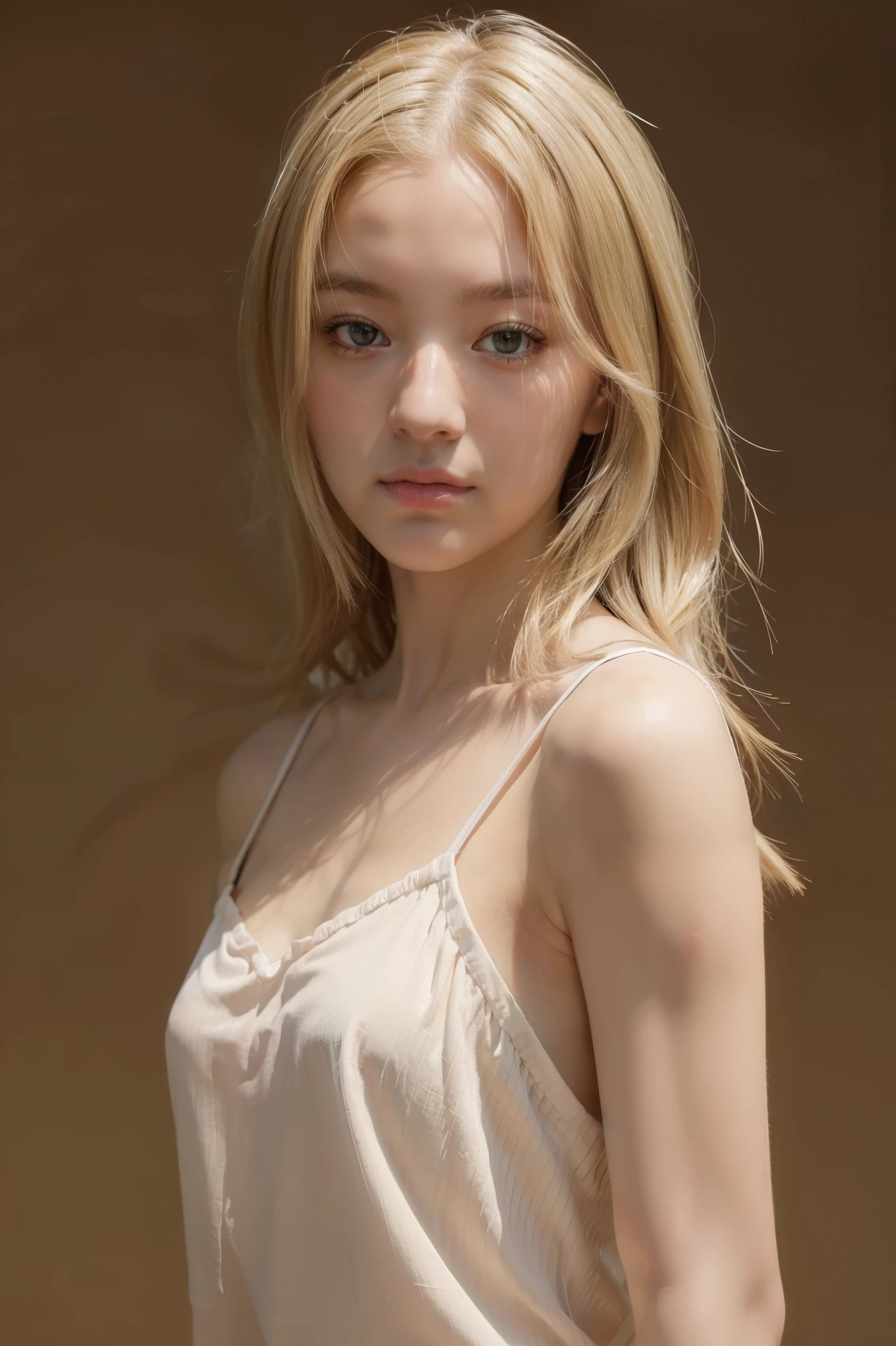 (realistic), (hyperrealism),best quality, masterpiece,ultra high res, (photorealistic:1.4),1girl,simple background, upper body,bare shoulders,blonde,
