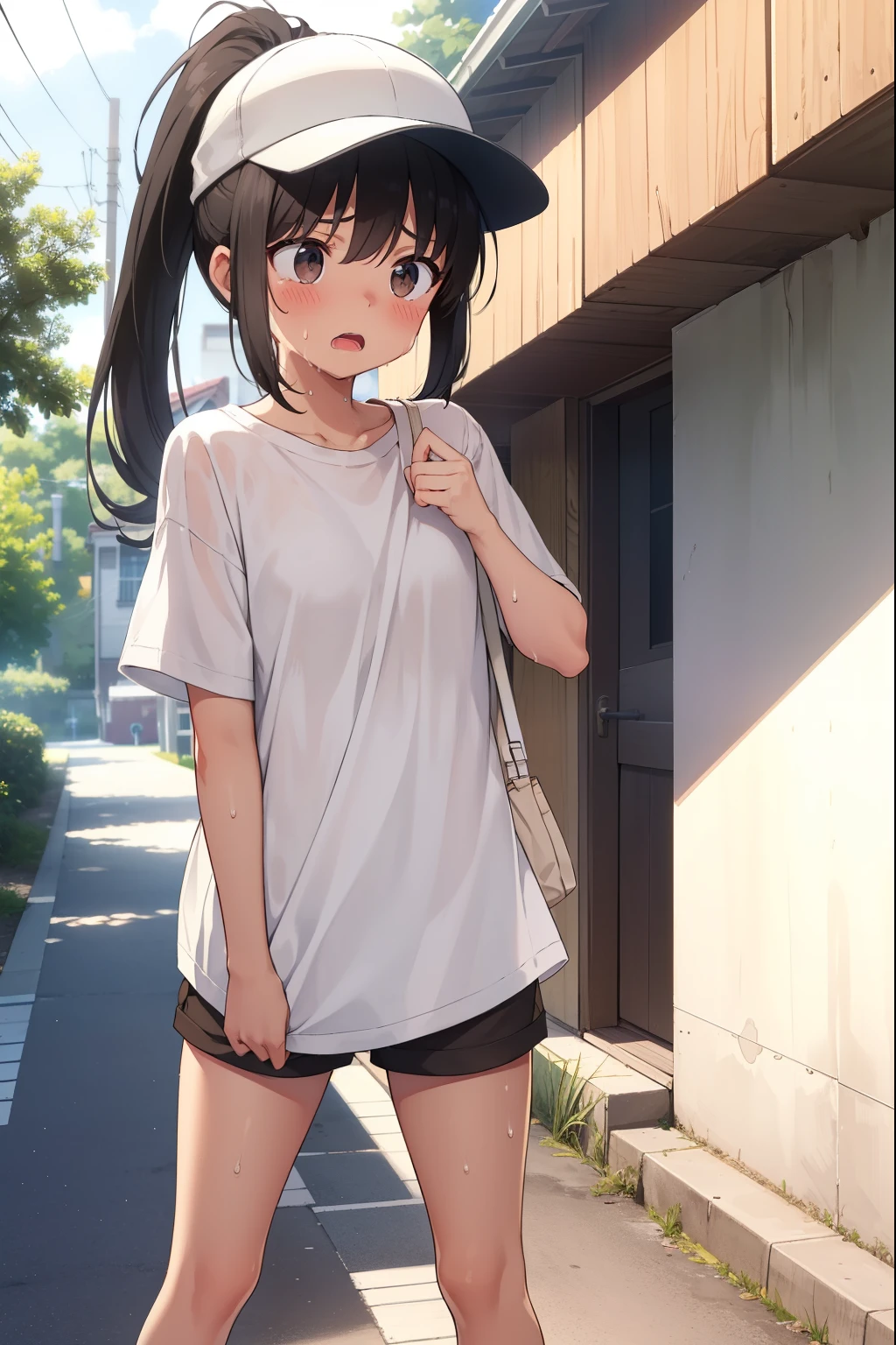 Residential Street,Are standing,1 ,ponytail,Black Hair,blush,White T-shirt,Olive green shorts,Brown Sandals,White skin,summer,White cap,From below,Spread your hands,Tempered,Surprised,shy,Sweat,Open your mouth,Troubled face,cry,saliva,