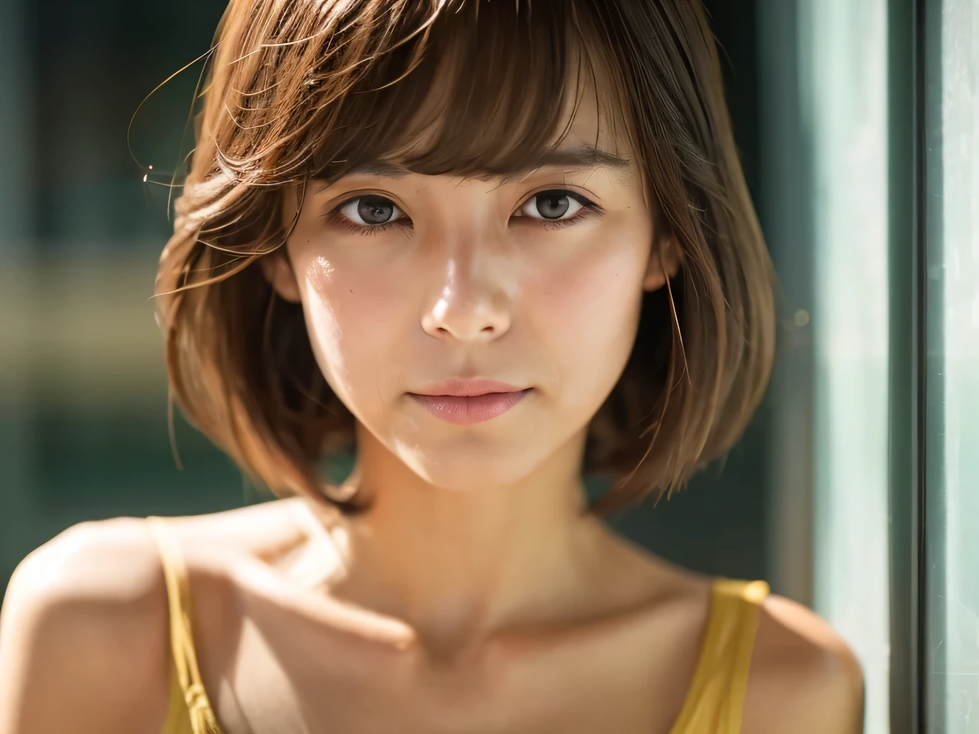 Eye line slightly below,　Just a little bit more,　indoor,　Brown Hair,　bangs,　Light clothing,　Sweat on face,　clavicle