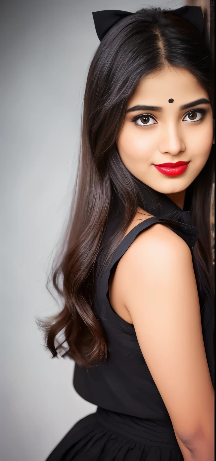 there is a young girl with a black apron and a red lipstick, very beautiful girl, very beautiful enga style, with lovely look, with accurate face, cute beautiful, indian female model, attractive girl, beutiful face, very beautiful photo, beuatiful face, beautiful cute, very very very beautifull face, very beautiful cute catgirl, beutifull