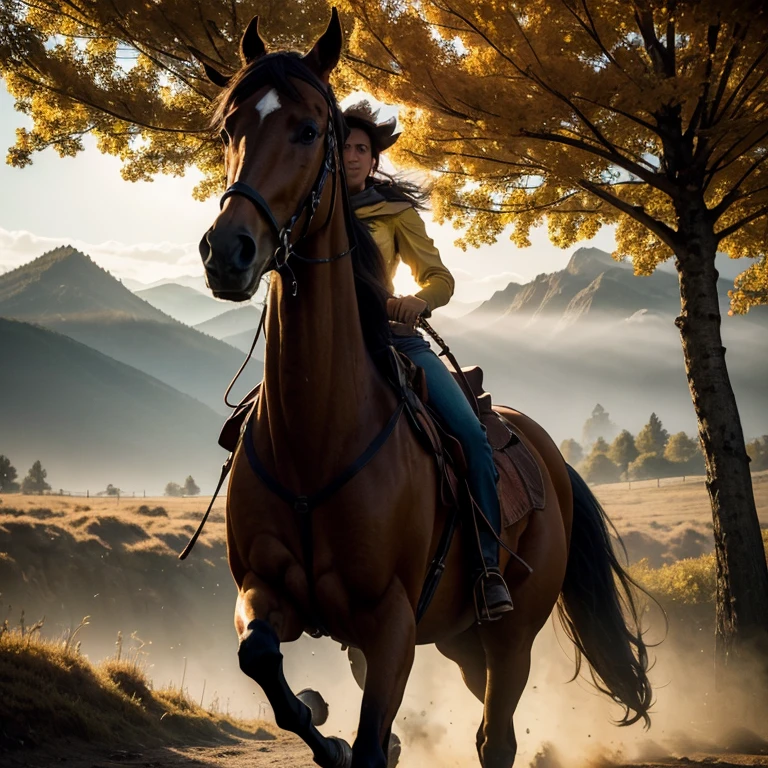 Selective Focus,behind shot, ((action scene)) Cowgirl ,Curtained hair, rides a horse,drives into big city, many people,autumn trees,after the rain,haze, mountains in the distance,red/yellow/green colors,Majestic, RAW photo, Focus Stacking,high quality,dense light,hard shadows, film grain,hdr,god rays,light caustic effect,Chiaroscuro, pinhole.