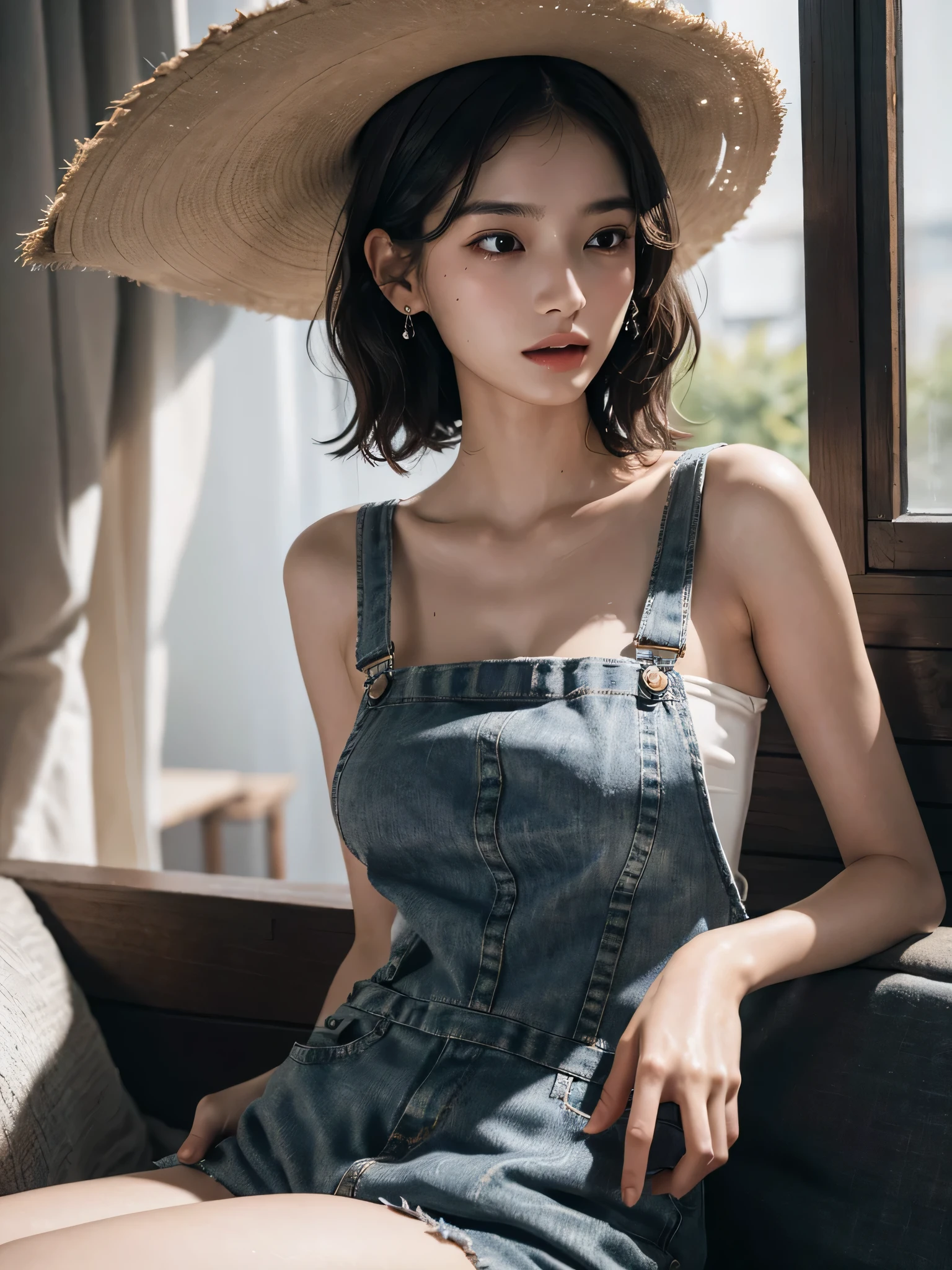 absurdres, RAW photo, extremely delicate and beautiful, masterpiece, Best Quality, ultra high resolution, 32k, hyperrealistic, ultra-detailed, perfect anatomy, perfect figure, super Detailed skin, 20 years old, very Slim body, narrow waist, very small head, very small face, delicate facial features, tearful mole, earring, thin legs, bare legs, ((very huge round breasts)), short medium hair, ((wavy hair)), wet clothes, straw hat, gray overalls, inner white shirt,