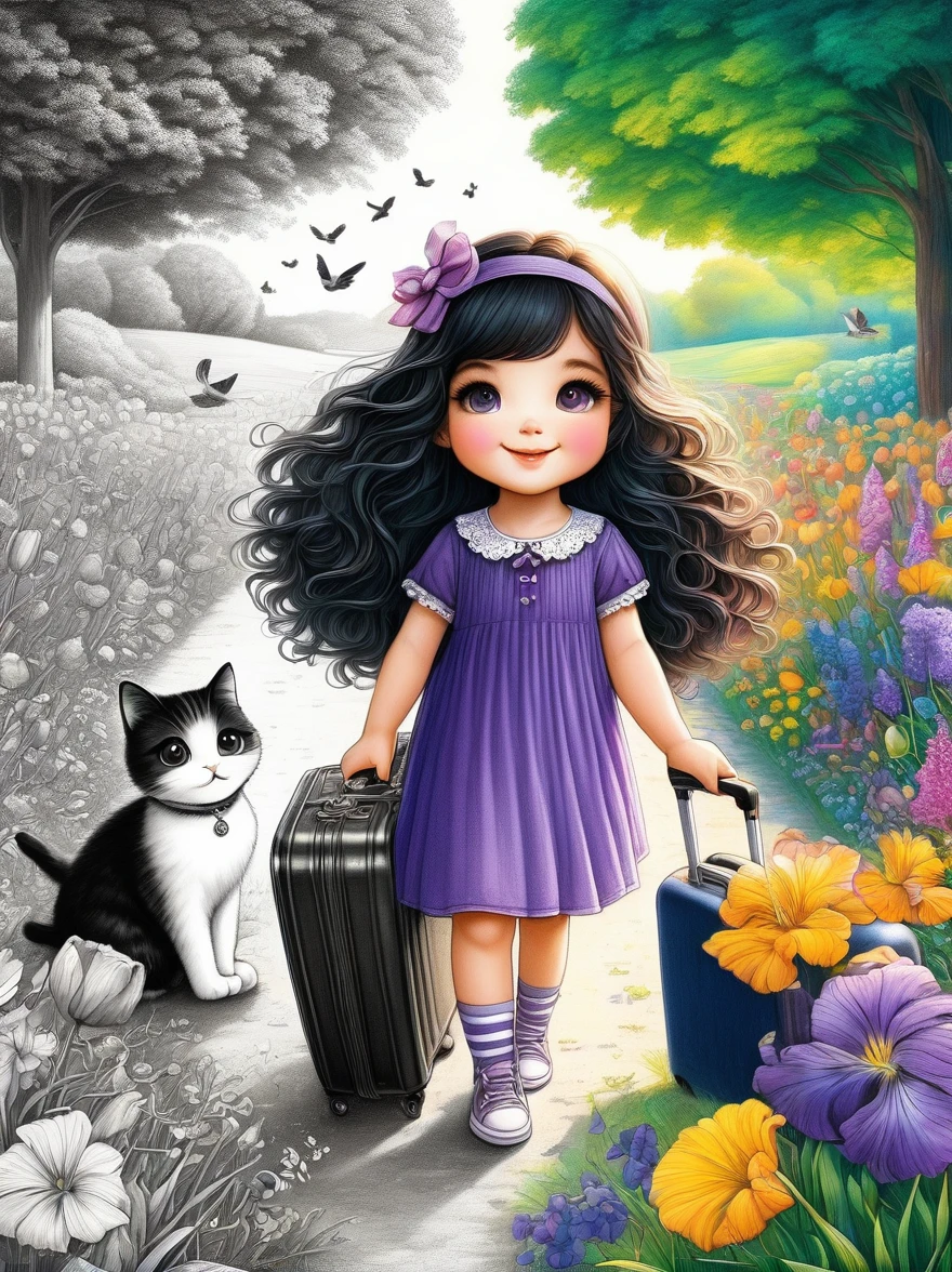 1girl，Lovely，Black long curly hair，fluffy，Chubby face，Purple dress，Pulling a suitcase，a cat，in the park，In a sea of flowers，The artwork should transition from a pencil drawing style in black and white on the left half to vibrant colors on the right half. Ensure a seamless integration between the two halves without any dividing line. The scene is identical on both sides, with the left side featuring detailed black and white pencil strokes and the right side filled with colors, creating a harmonious blend across the image.