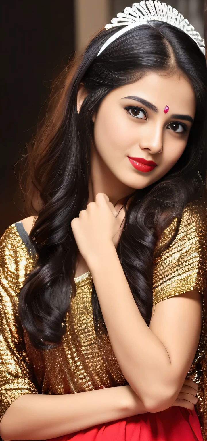 there is a young girl with a black apron and a red lipstick, very beautiful girl, very beautiful enga style, with lovely look, with accurate face, cute beautiful, indian female model, attractive girl, beutiful face, very beautiful photo, beuatiful face, beautiful cute, very very very beautifull face, very beautiful cute catgirl, beutifull