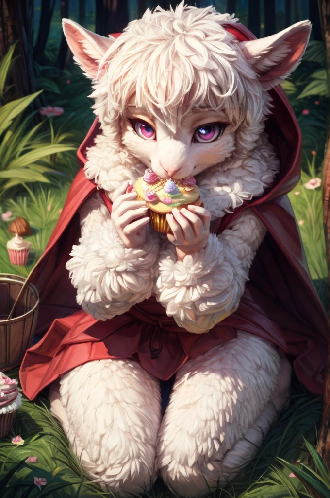 [S=" slim, female, red ridding hood, white sheep,, lamb, anthro, pink eyes, white wool, sensual,, half- closed eyes"]. S is sitting on the knees down on the grassfloor, in the forest, next to a picnic vimini's bucket full of cupcakes, eating one cupcake with pink cream, in the forest scenario, superb linework,  masterpiece, breathtaking, trending on artstation, high quality, fine illustration, good accuracy, by wlop, by pixelsketcher,  by hioshiru, vivid eyes, 