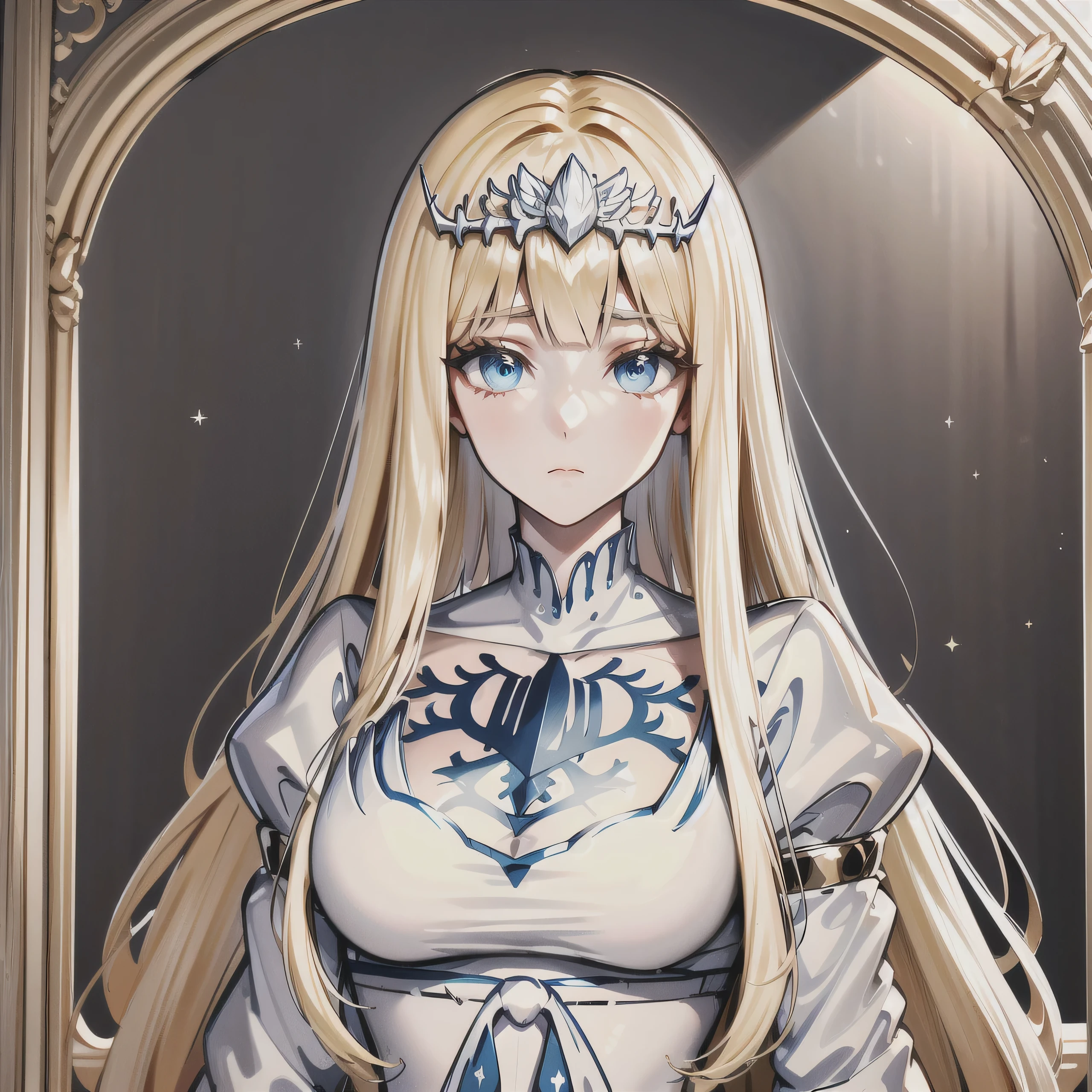 masterpiece, best quality, highres,  , eyelashes, indoor, luxurious room, front, , looking at the viewer,upper body, facing viewer, , , facing the camera, high resolution, expressionless calm face, , looking away,  1angel,solo, Calca, Calca Bessarez, blonde hair, extremely long hair, very long hair, white tiara, silver tiara, white dress, blue eyes, medium chest, white wings, angel wings, extra large white wings, big wings, equal size two wings