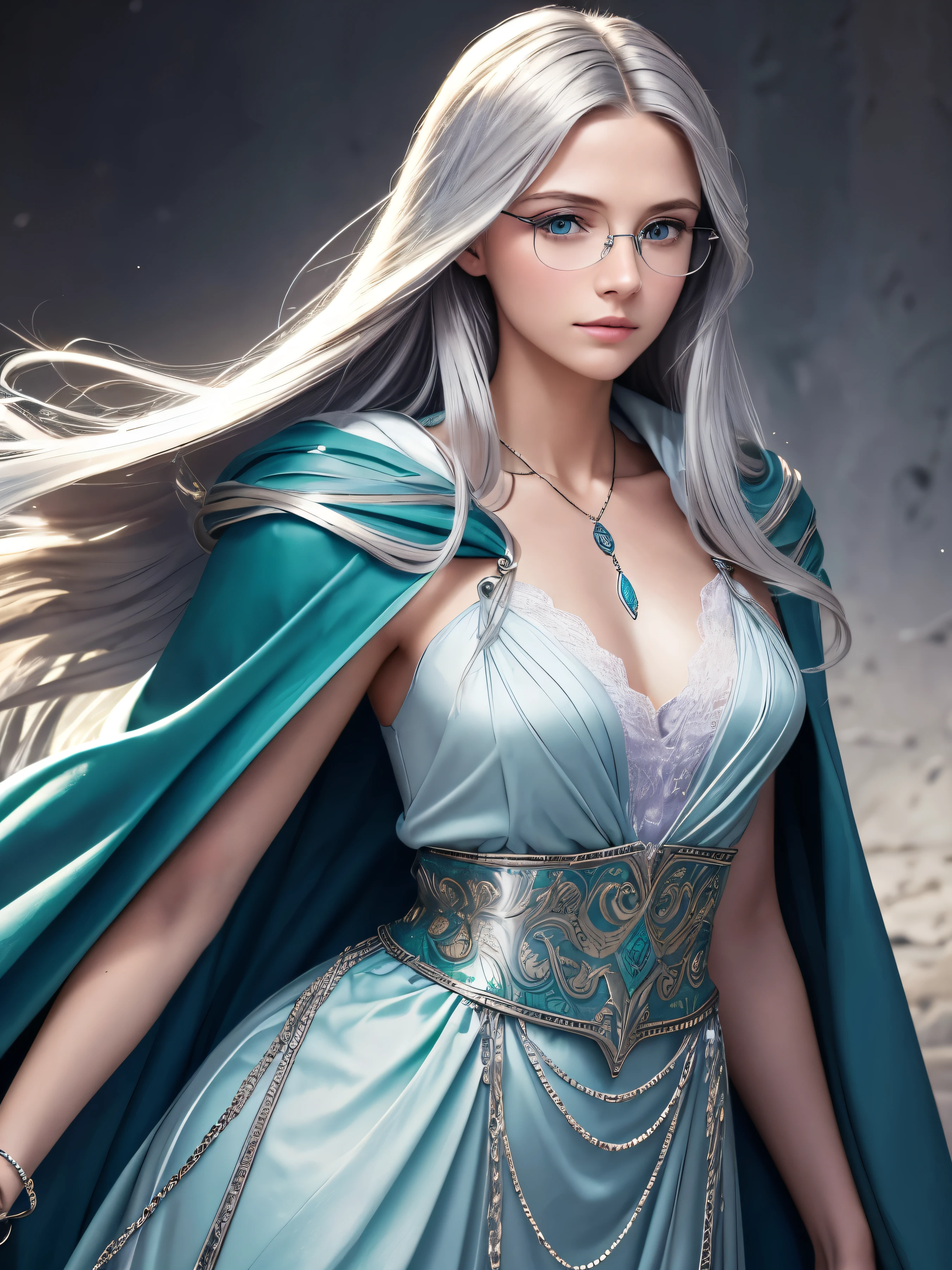 21 years old, beautiful girl, Fleur Delacour,Long silver hair to the waist, Big shiny green eyes, Long eyelashes, Glasses, Long blue cloak, Silver chain with pendant around neck, Background of Beauxbatons, Casting posture