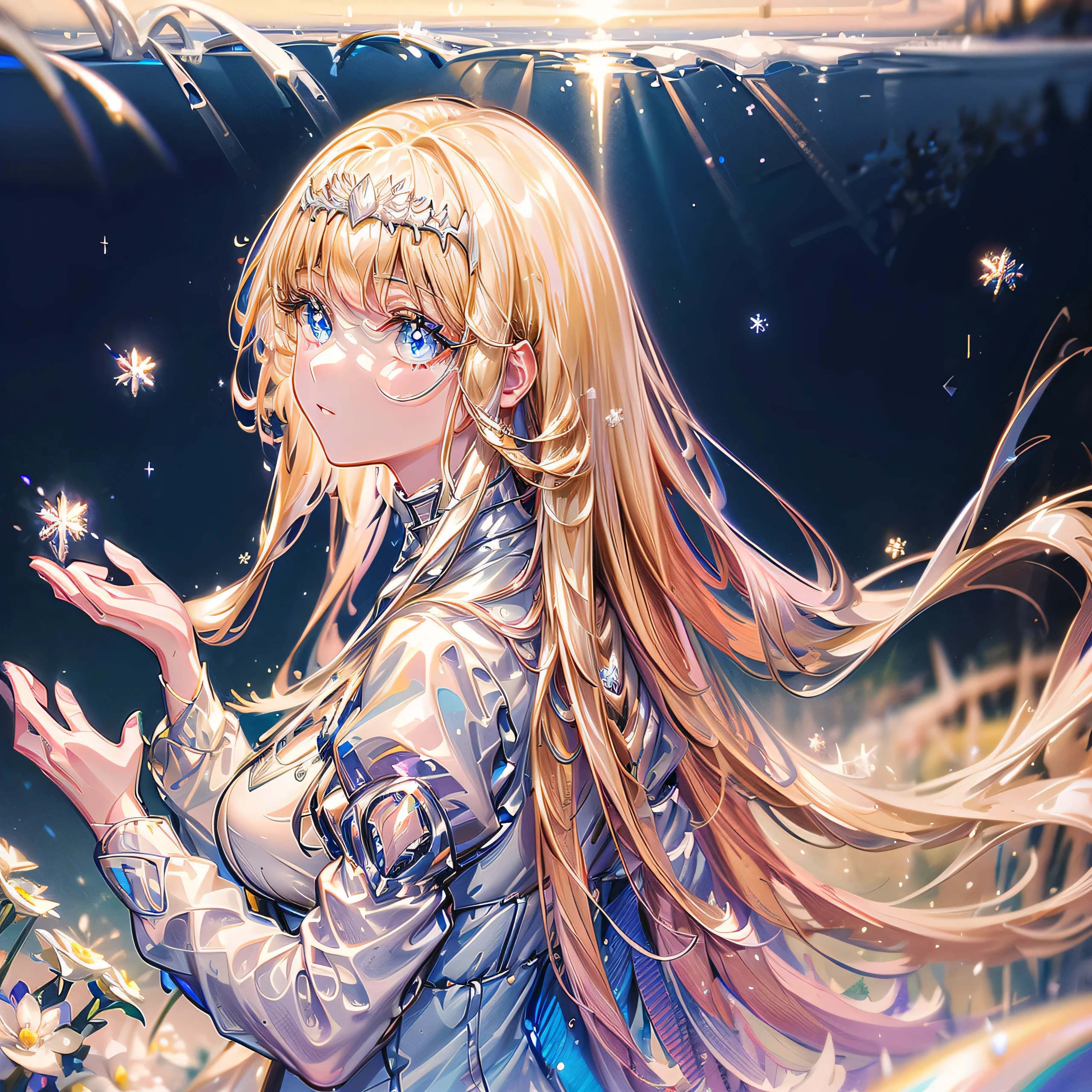 (​masterpiece、8K、top-quality)、(Soft light:1.3), Detailed face, Detailed eyes, Dress, beautiful digital works of art, landscape, Back Light, Many flowers, forest, Sparkling eyes, Winters, Warm, Warm light, Snow,  1girl,solo, Calca, Calca Bessarez, fresh blonde hair, golden hair color, yellow hair, extremely long hair, very long hair, white tiara, silver tiara, white dress, blue eyes, medium chest