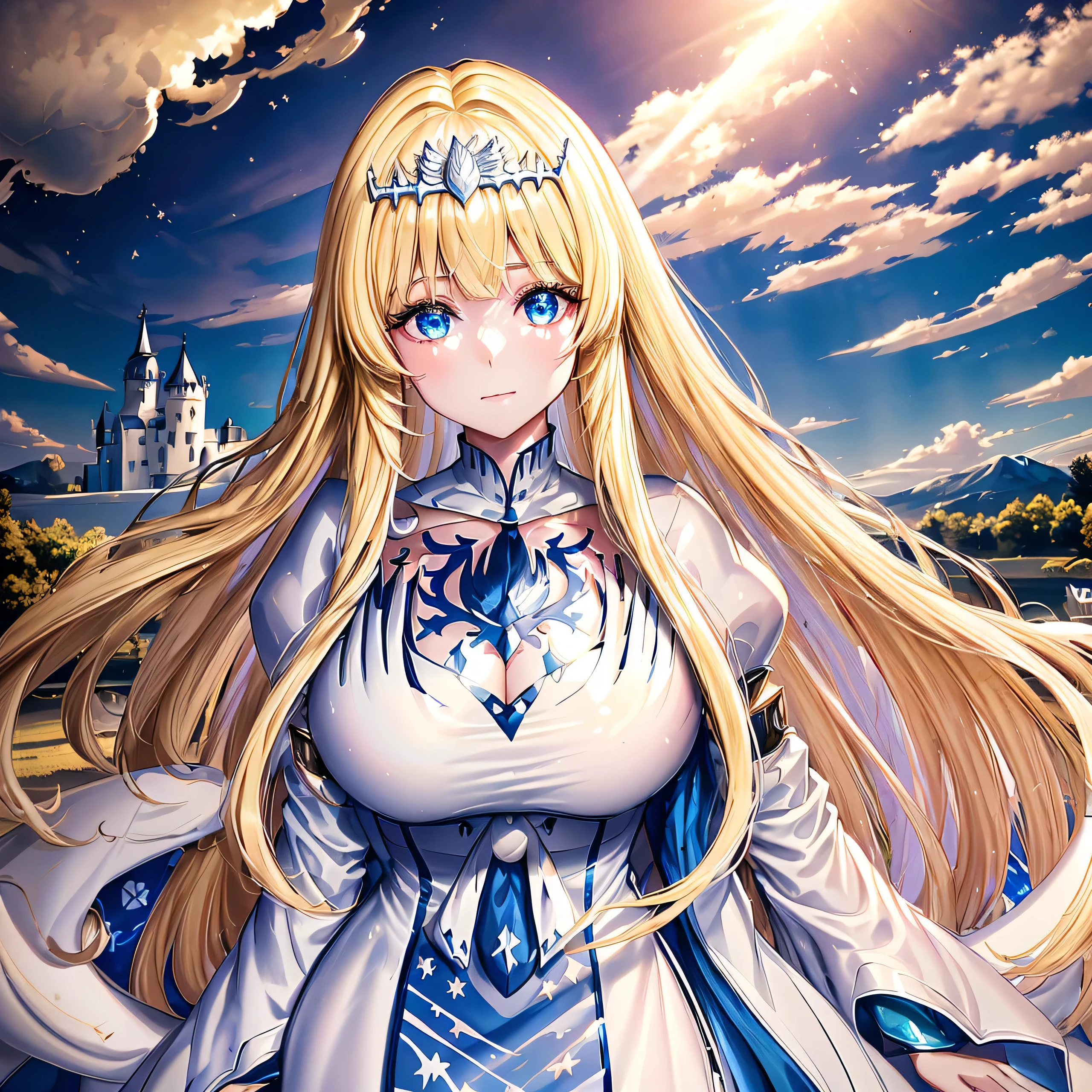 super fine illustration, an extremely cute and beautiful girl, highly detailed beautiful face and eyes, look at viewer, cowboy shot, beautiful long hair, solo, dynamic angle, beautiful detailed dress , heaven castle in background, full of clouds, holy light, blue tone, 1angel,solo, Calca, Calca Bessarez, blonde hair, extremely long hair, very long hair, white tiara, silver tiara, white dress, blue eyes, medium chest, wing wings, feature wings, very big wings, (extra large wings:1.5), two wings behind her back, angel wings,
