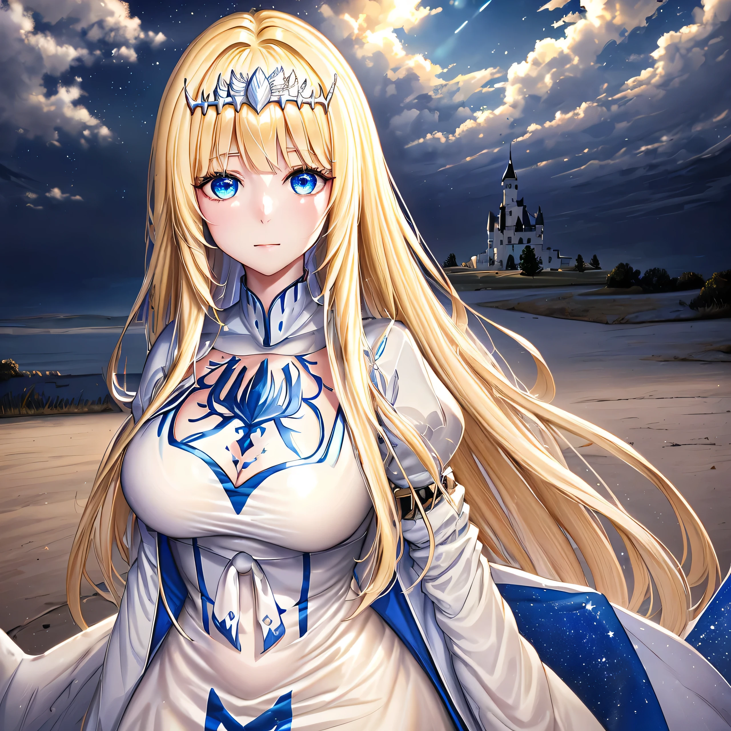 super fine illustration, an extremely cute and beautiful girl, highly detailed beautiful face and eyes, look at viewer, cowboy shot, beautiful long hair, solo, dynamic angle, beautiful detailed dress , heaven castle in background, full of clouds, holy light, blue tone, 1angel,solo, Calca, Calca Bessarez, blonde hair, extremely long hair, very long hair, white tiara, silver tiara, white dress, blue eyes, medium chest, wing wings, feature wings, very big wings, (extra large wings:1.5), two wings behind her back, angel wings,