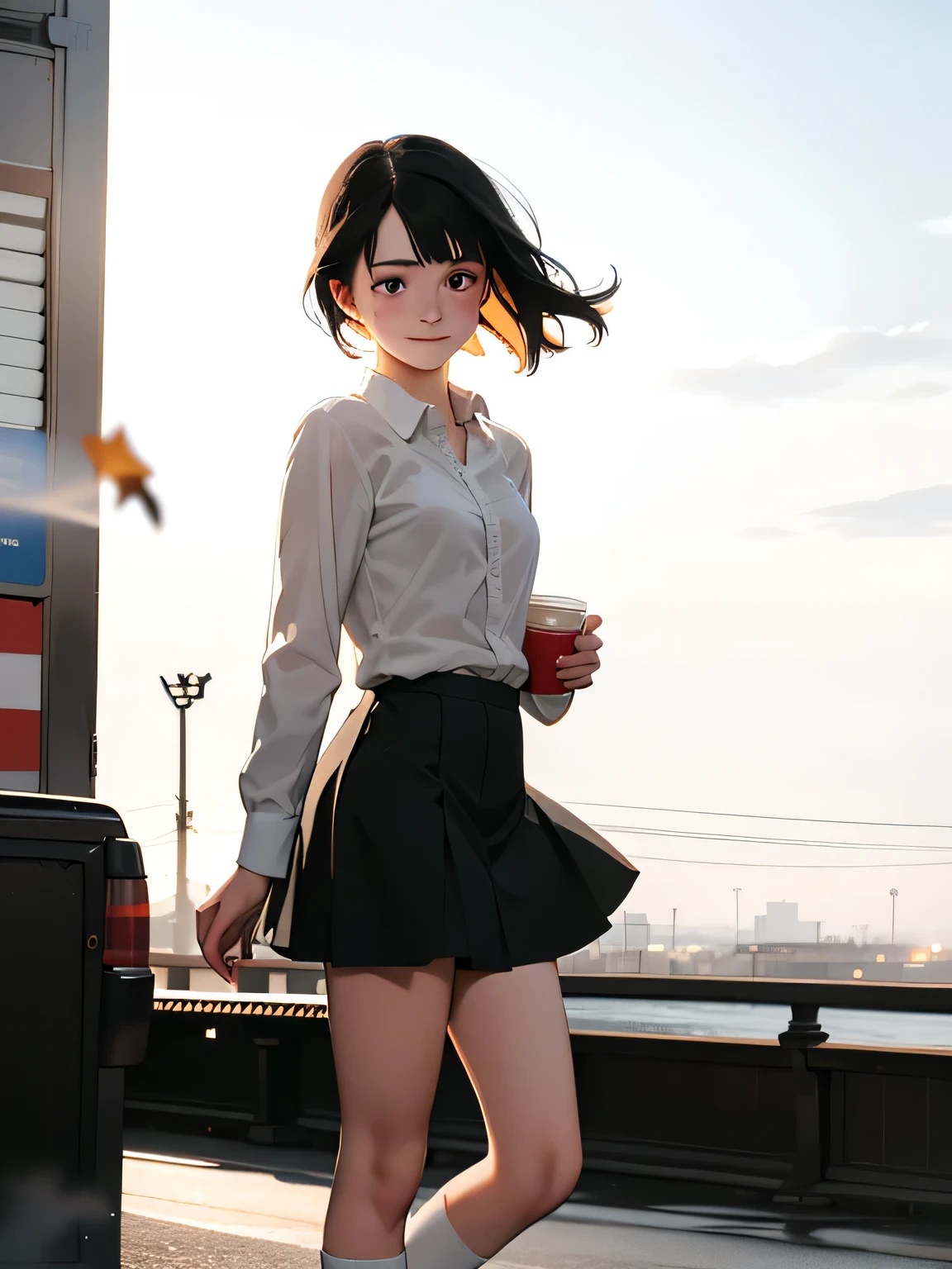 A swedish, American, german, young woman, 20yo, downtown, in large metropolis, collared shirt, sweater, pleated skirt, chuck taylor shoes, smirk ((heavy gaussian blur)), ((soft lighting)), (((extremely hazy:1.2))),, (extremely bright), (dreamy atmosphere), bright vivid colors,