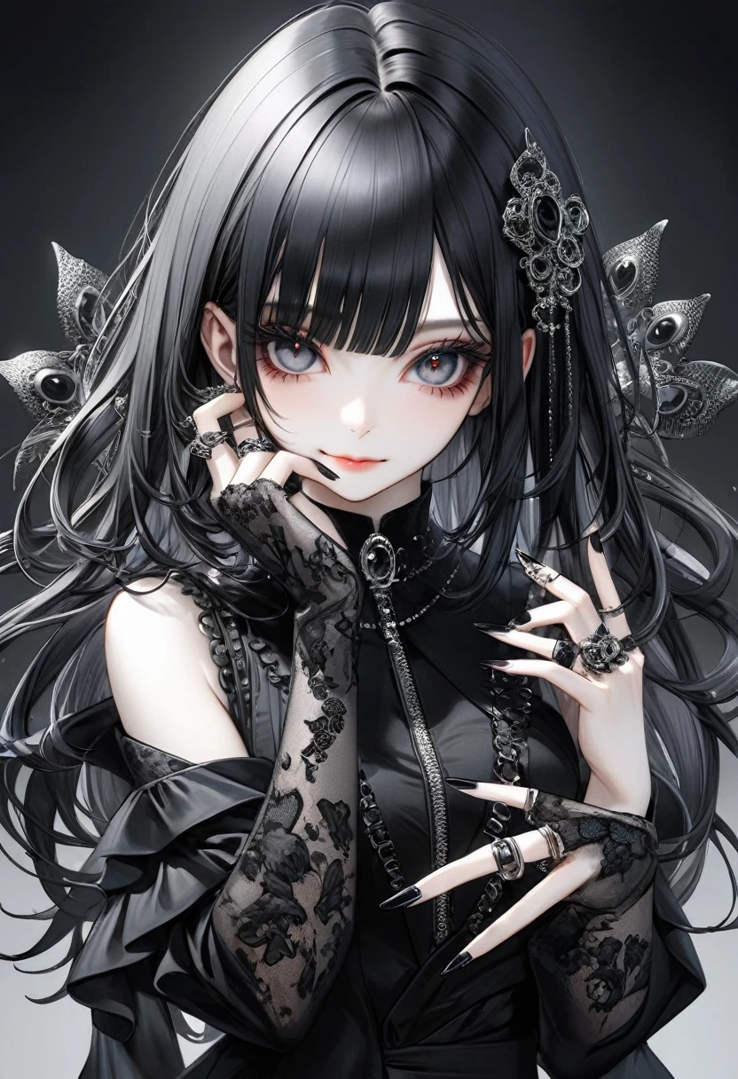 A very cute goth anime girl with black hair and bangs, wearing rings on her fingers, pale skin, sharp eyes, dark makeup, she has long acrylic nails that have been painted silver, intricate rings on fingers, wearing an all-black outfit, She exudes sophistication and cool. in the style of hyper realistic. fasion style, mysterious smile,