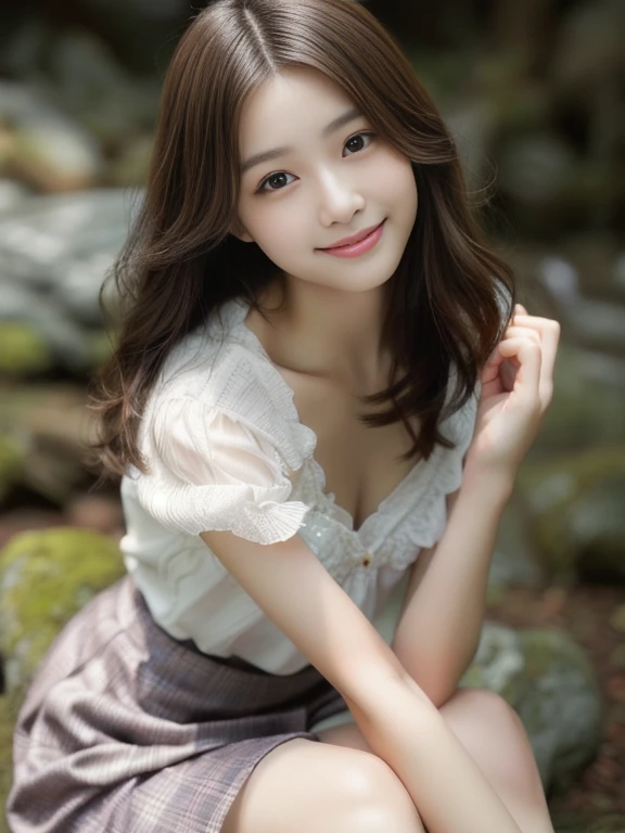 Photo-realistic quality、Close-up of a woman sitting on a rock in the forest, Beautiful young Japanese woman, Light grey topini skirt、Japanese Model, Gorgeous Young Japanese Woman, Gravure idol、 Cute seductive smile, Cute young woman, Beautiful Japanese girl face, Cute young woman, Realistic、looking at the camera:2.0、A soft and gentle expression
