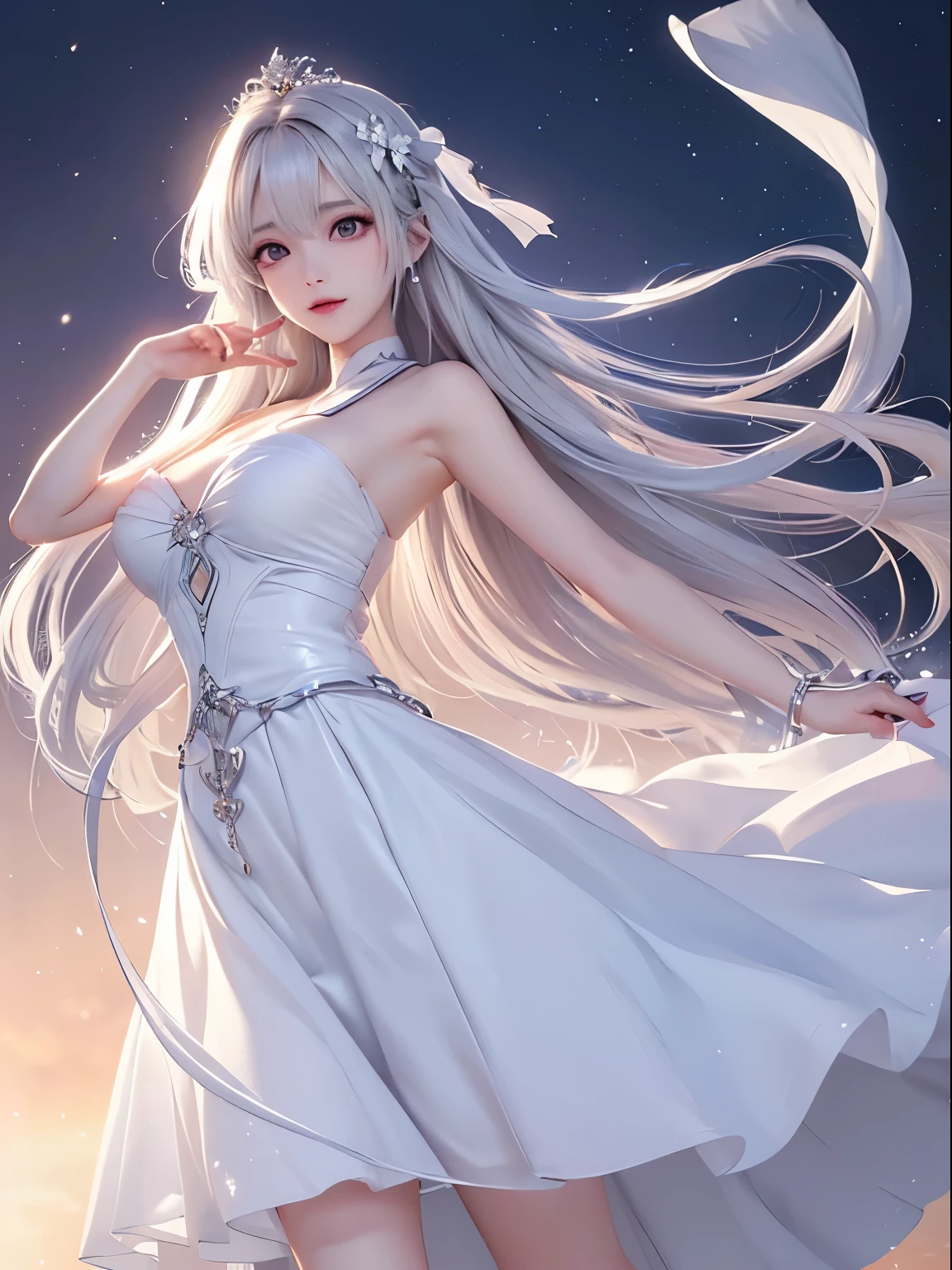 ((alone、woman wearing a white long dress、Graceful dancing woman:1.4、Detailed face、Bright expression、Younger, brighter, whiter skin、Best Looks、The ultimate beauty、Silver hair with dazzling highlights、Shiny bright hair,、Super long, silky straight hair、髪がWindで踊る))(night、Wind、素晴らしい美しい自然のWind景、幻想的なWind景、Particles of light、White Dust、Dust flutters)