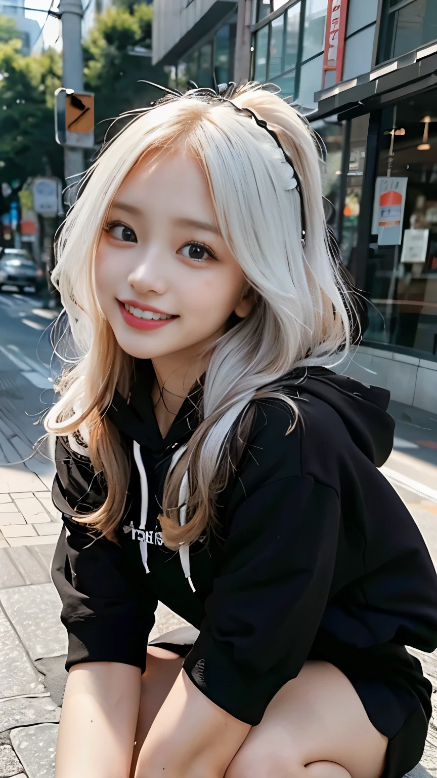 (masterpiece, highest quality, pretty girl, Long Hair、Beautiful Face, 8k, RAW Photos, Realistic, Confused:1.2), (Orange hoodie:1.3), 23 years old、Cowboy Shot, Dutch Angle, Face Light, Film Grain, chromatic aberration, High resolution, Very detailed, finely, Detailed skin, Eyes and Face, Sharp pupils, Realistic student, Sharp focus, street、Crouching、smile、(White teeth are visible:1.3)