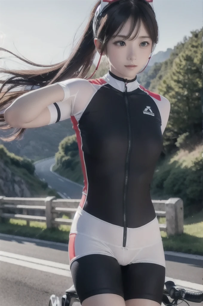 (((masterpiece))), (((best quality))), (((Ride a road bike))), downhill, steep slope, eye mask, earphone, Cycling shorts, wind, Speed line effect, alone, 1 girl, ribbon, long hair, Split, big , Shy. blush,